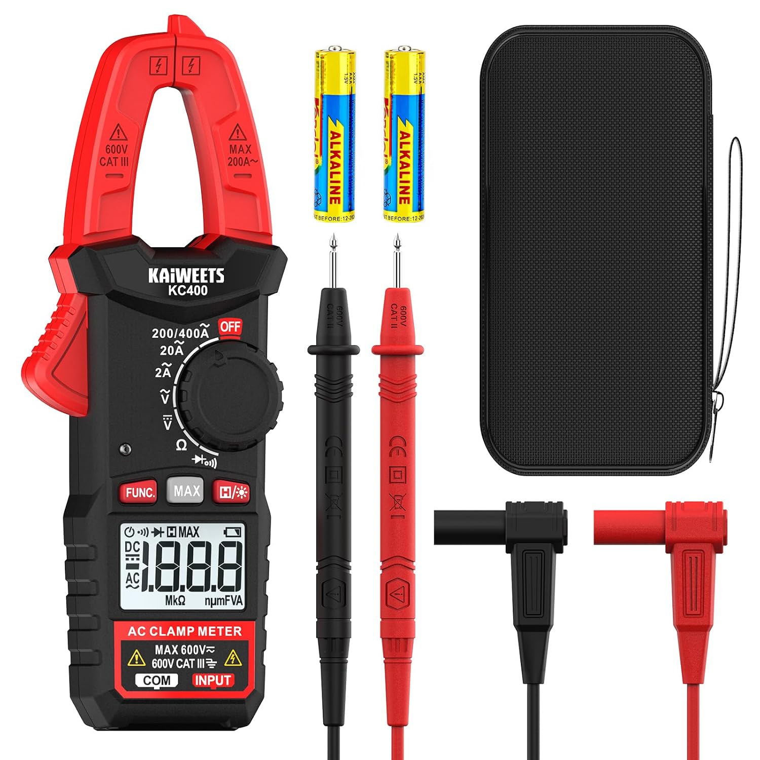 KAIWEETS Digital Stromzange, Tragbares Strommesszange 400A AC, 600V AC/DC, 2000 Counts, Auto Range Spannungsprüfer, Messgerät für Strom, Spannung, Widerstand, Durchgang &amp; Diode, KC400