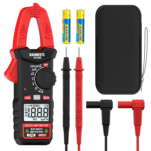 KAIWEETS Pinza Amperimétrica Digital 400A, Multímetro de Gancho Portátil TRMS, 600V AC/DC, Auto-Rango, Medición de Corriente AC, Voltaje, Resistencia, Continuidad y Diodo, KC400