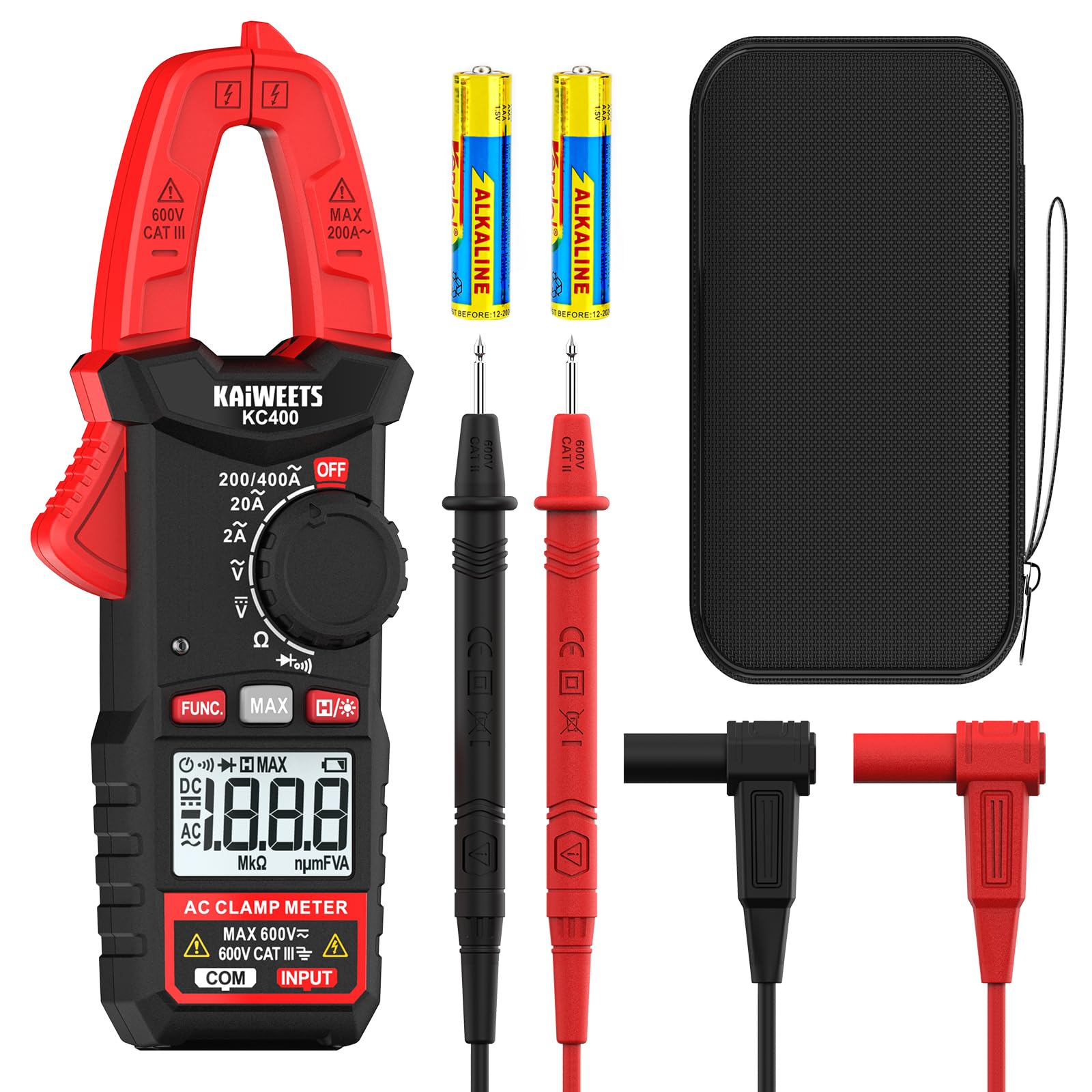 KAIWEETS Clamp Meter, 400A Digital AC Current Tester with 600V AC/DC Voltage Measurement, 2000 Counts Auto Ranging Multimeter, Resistance, Continuity, Diode Test, Portable Clamp Meter, KC400
