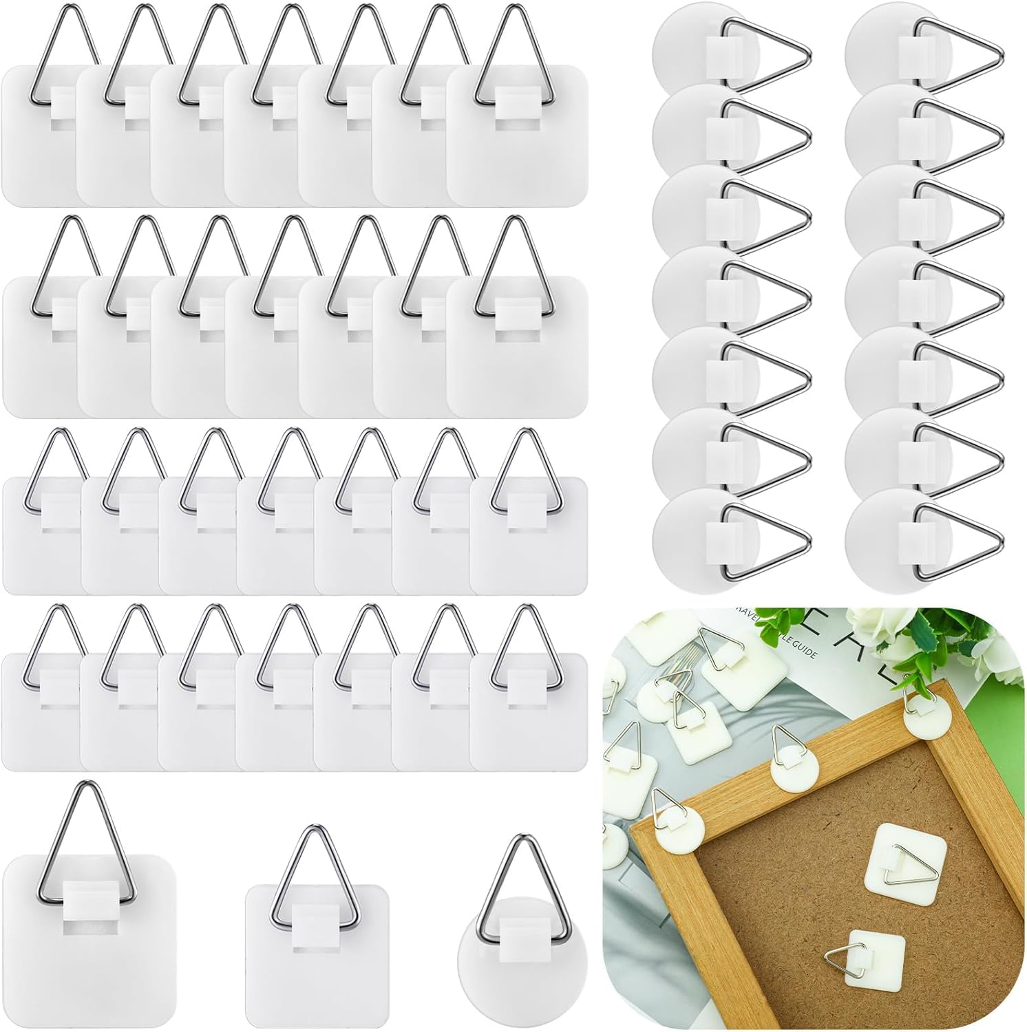 100Pcs Adhesive Picture Hanger Foamboard Picture Hanging Hooks Without Nails Plastic Sticky Photo Hooks for Home Wall Art Photo Frame Bathroom Closet (Round,Square)