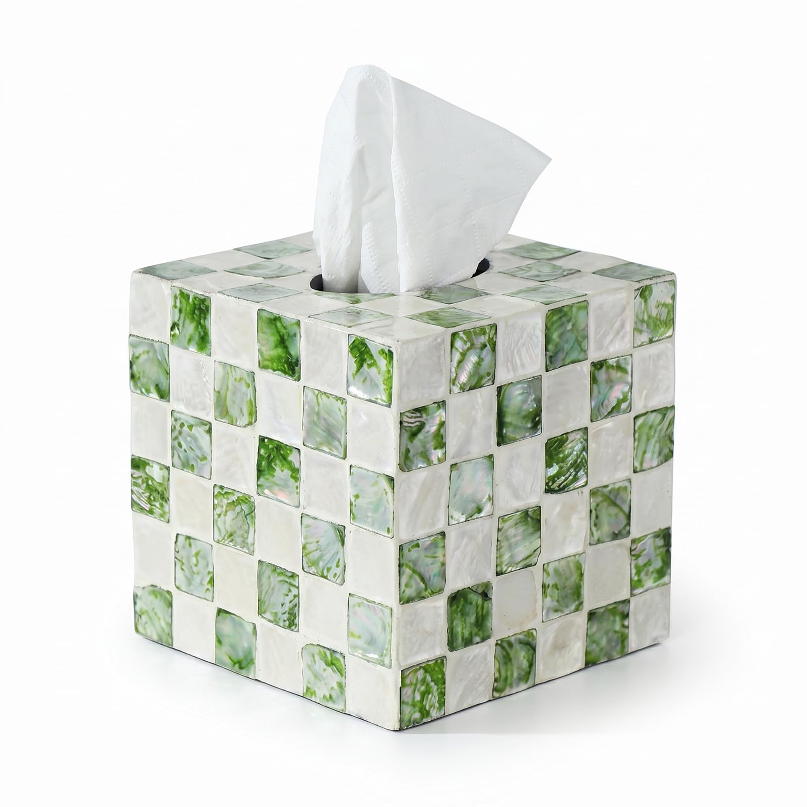 Photo 1 of Coeusy Capiz Shell Tissue Box Cover - Green Checkered