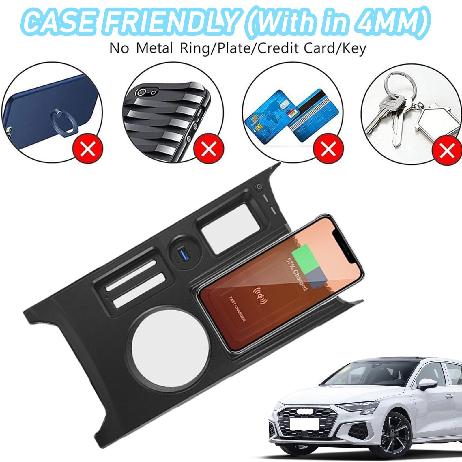 CenNa Cargador Inalámbrico Coche para Audi A3 (2021 2022 2023), Accesorio para Todos Los Modelos con 15w Inalámbrico Y USB Qc3.0, Carga Rápida, Regalo para La Familia