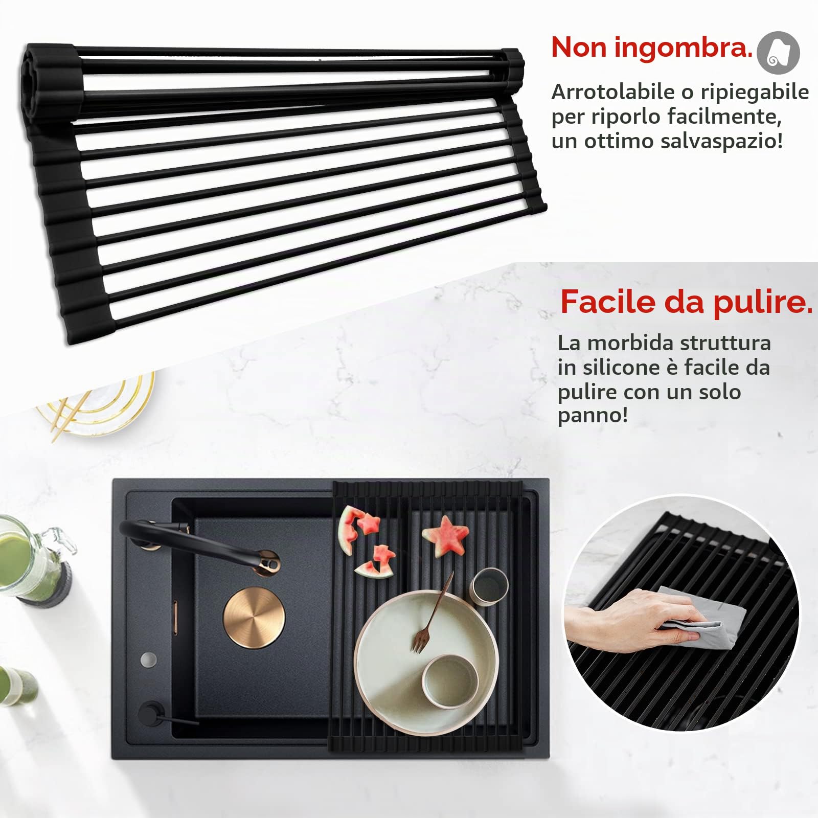 MERRYBOX Scolapiatti arrotolabile in silicone, 52 x 33 cm, multiuso, pieghevole, resistente al calore e antiruggine, per lavello da cucina, grande, nero