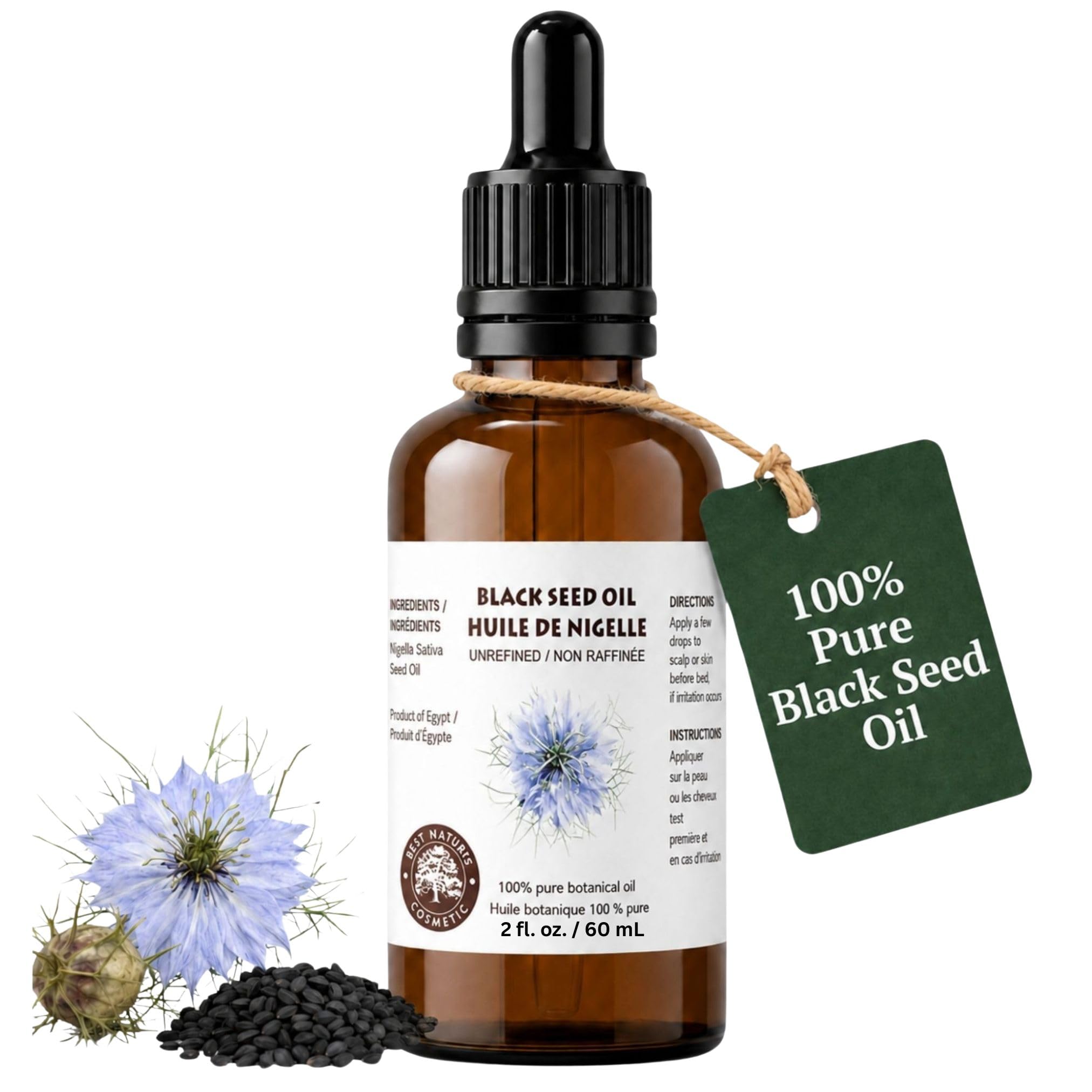 Best Nature's Cosmetics Aceite de comino negro 100% puro (Black Seed) – Aceite natural prensado en frío y sin refinar para cara, cuerpo y cabello – Aceite hidratante para la piel y el cabello
