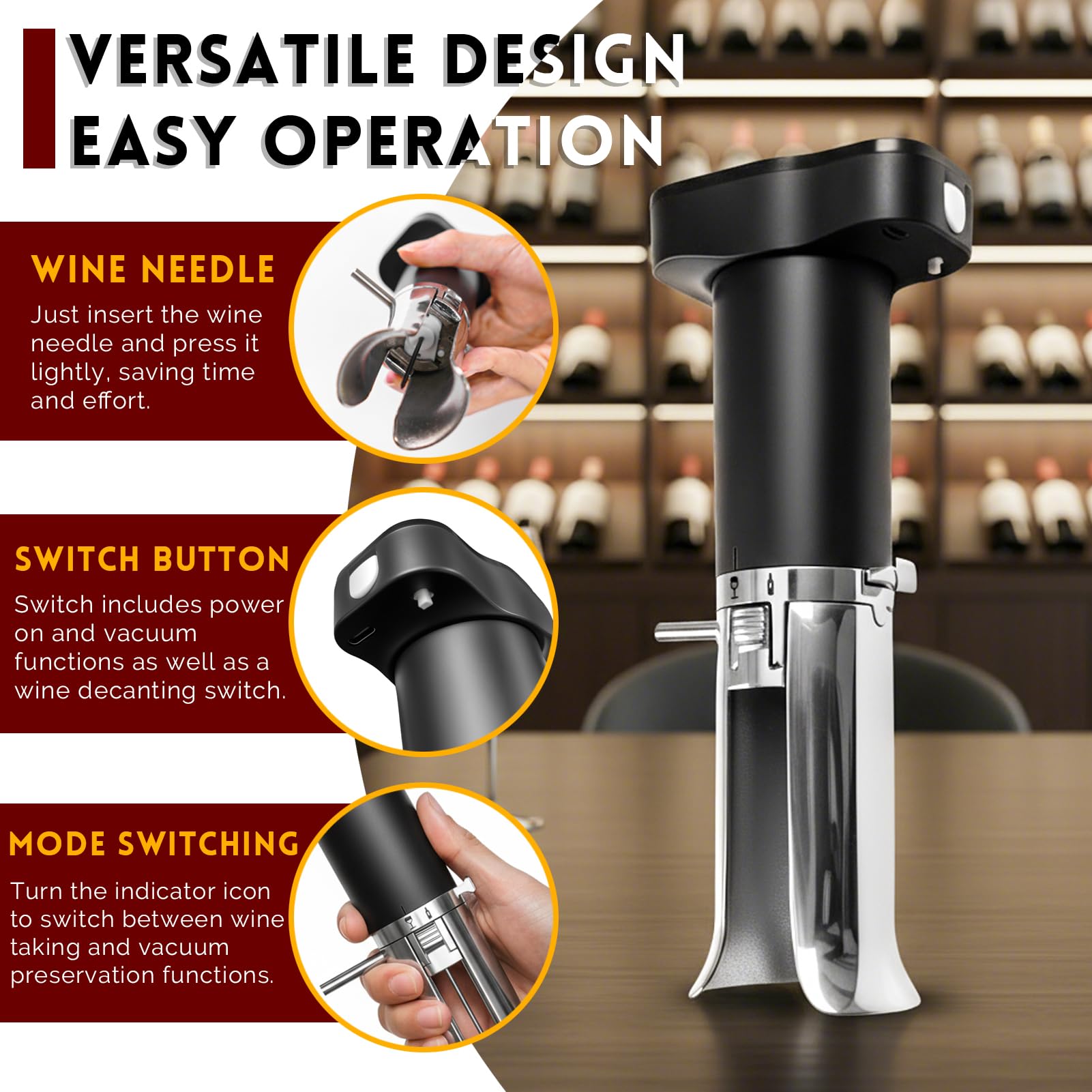 ZONSUSE Aérateur de Vin Électrique, 3-en-1 Distributeur de Vin, Verseur et Carafe Intégrés, Système de Préservation du Vin, Conserve le Vin 10+ Jours, Cadeau pour les Amateurs de Vin (Noir Argent)