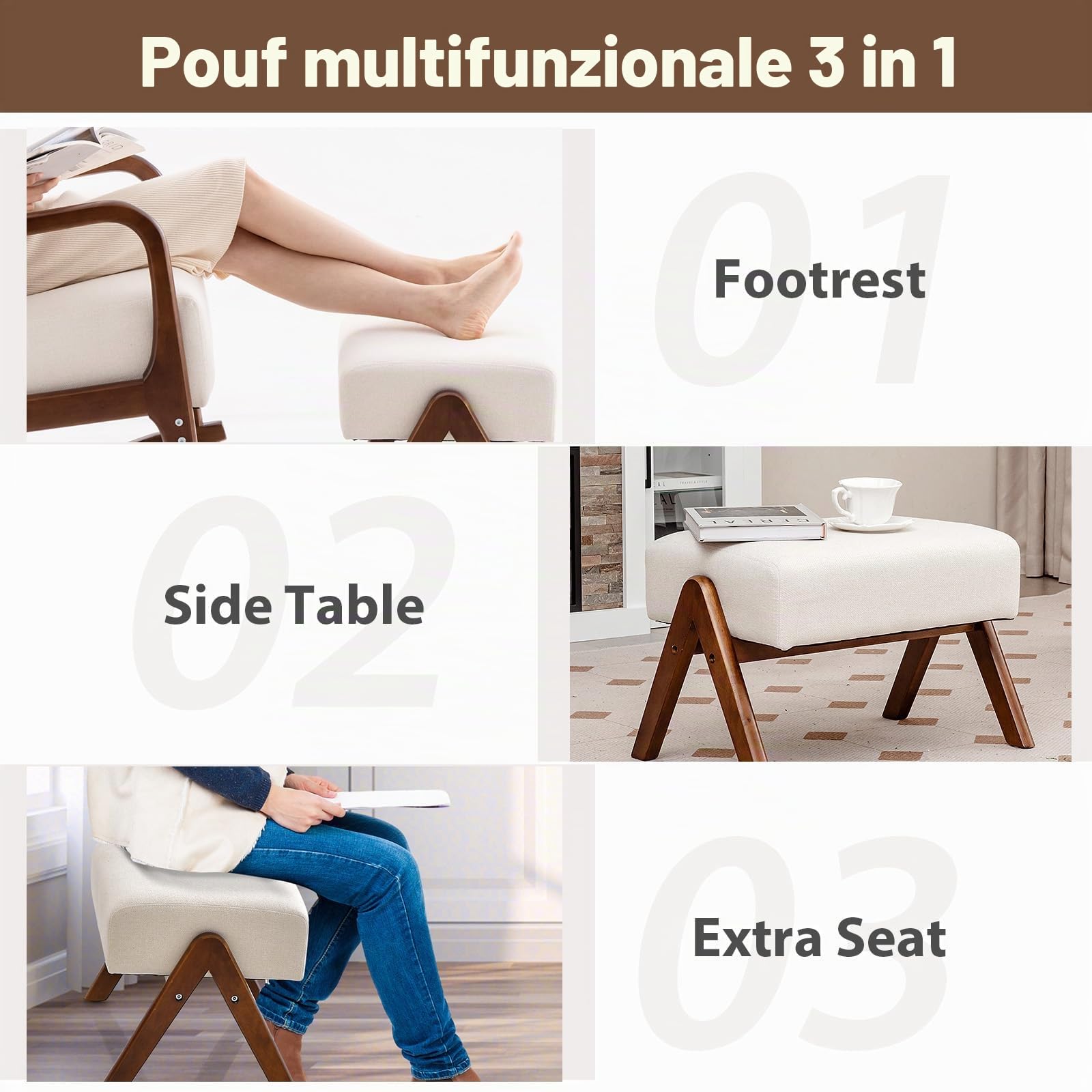 HOMASIS Sedia a Dondolo con Poggiapiedi, Set da Poltrona a Dondolo con Braccioli e Struttura in Legno Massello, Sedia Allattamento per Camera da Letto, Salotto, Fino a 150 kg, 97x65x104cm (Beige)