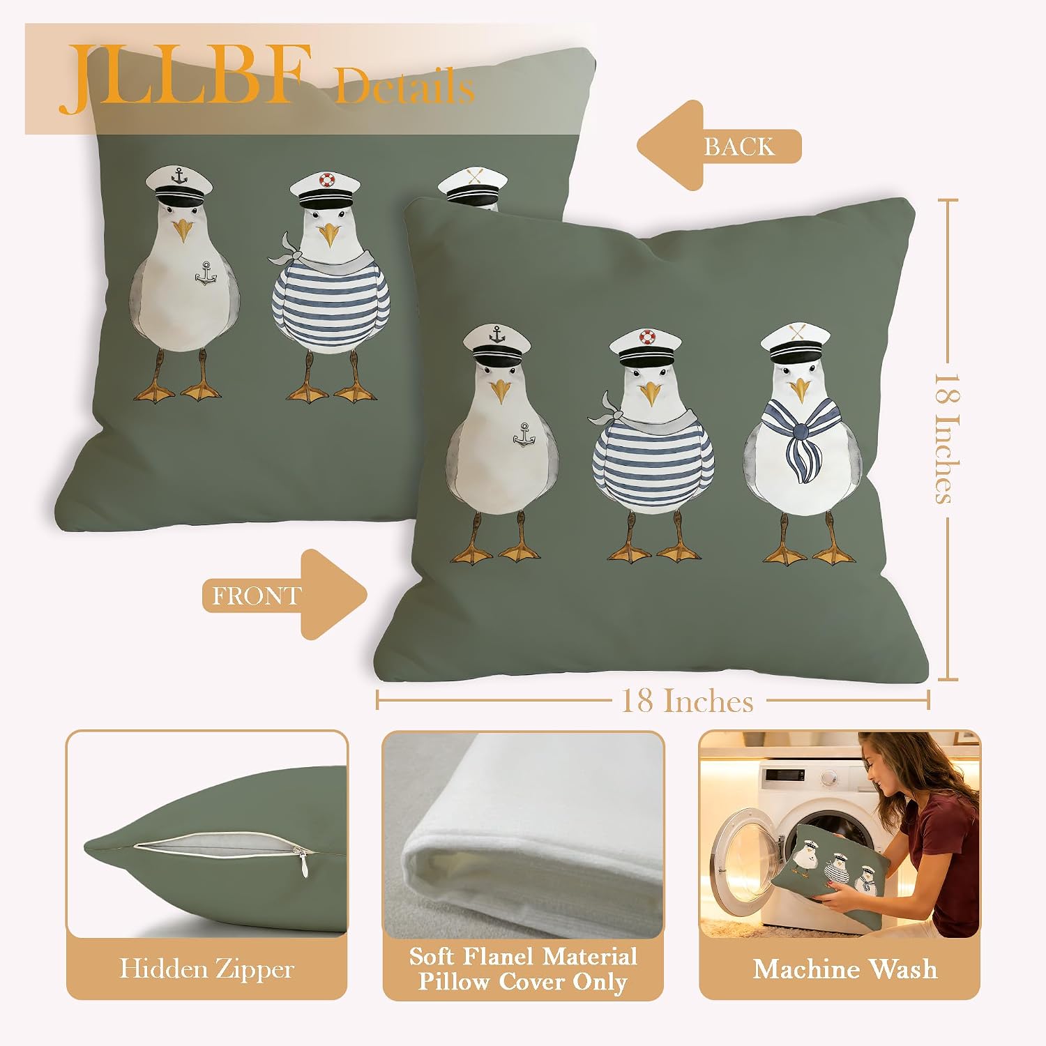 Olive Green Nautical Throw Pillows Cover 18x18 Double-Sided, Coastal Blue Pillow Covers, Funny Seagull Decor for Home Bedroom Couch Bed, Summer Bathroom Decor image 2