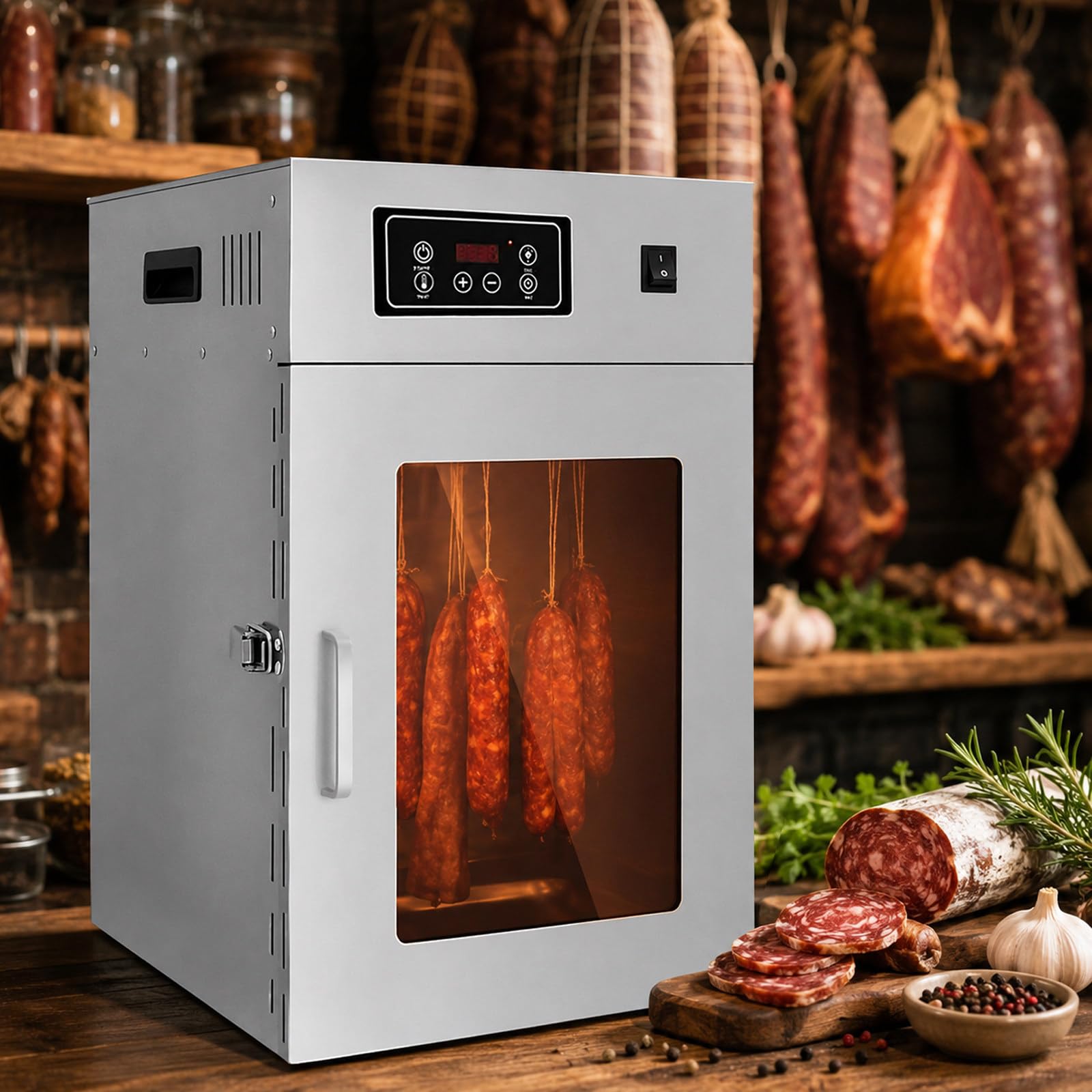 Dry AGER Reifeschrank 800W, Edelstahl Dörrautomat für Wurst, Schinken und Lebensmittel, 30-90℃ Temperaturregelung, 14 Haken, 24h Timer, für Küche, Gastronomie und Restaurant