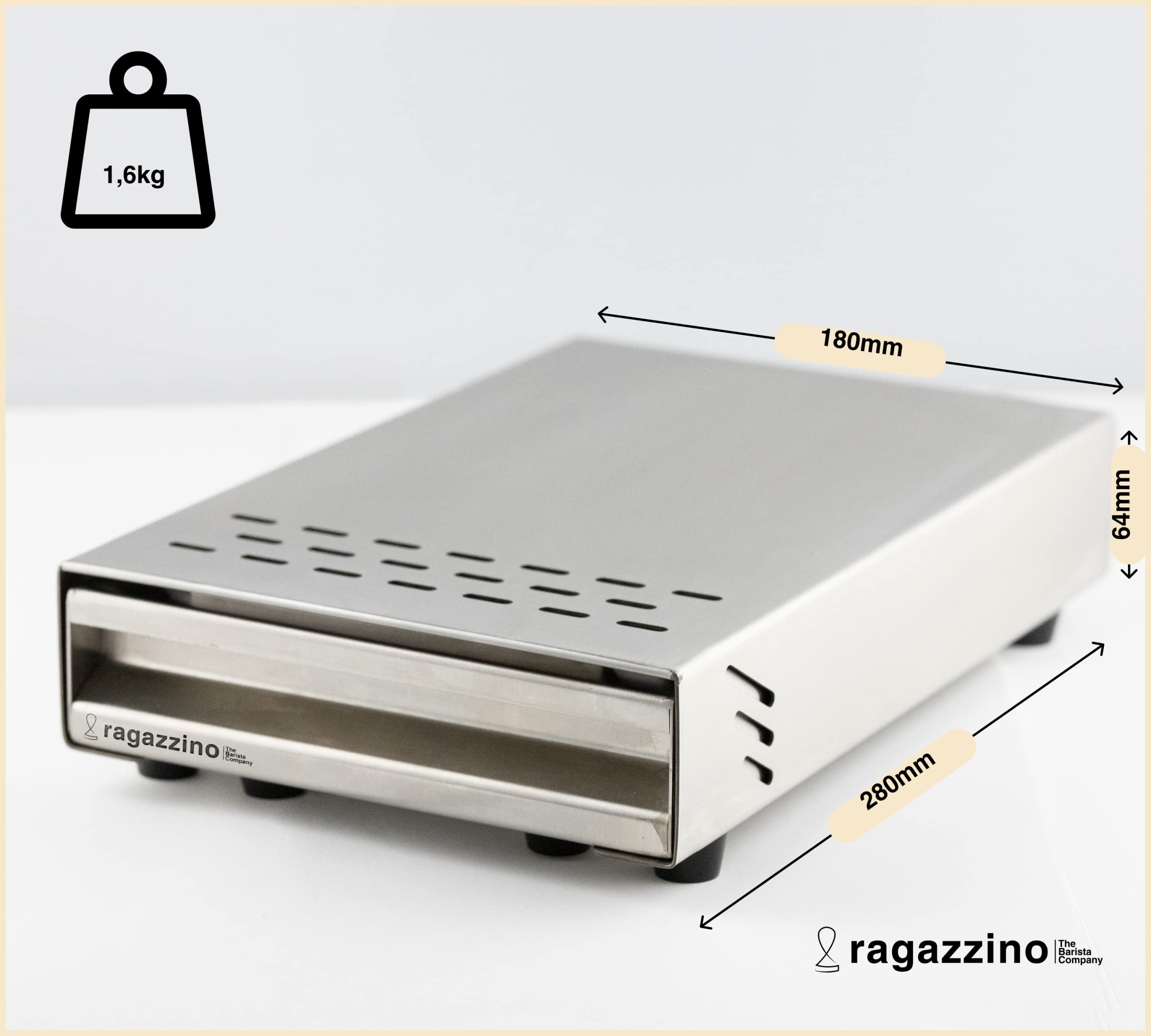 ragazzino Abklopfbehälter aus Edelstahl | Sudschublade für Espresso Siebträgermaschine | Abschlagkasten mit herausnehmbarer Abklopfstange | Knock Box 280x180x64mm