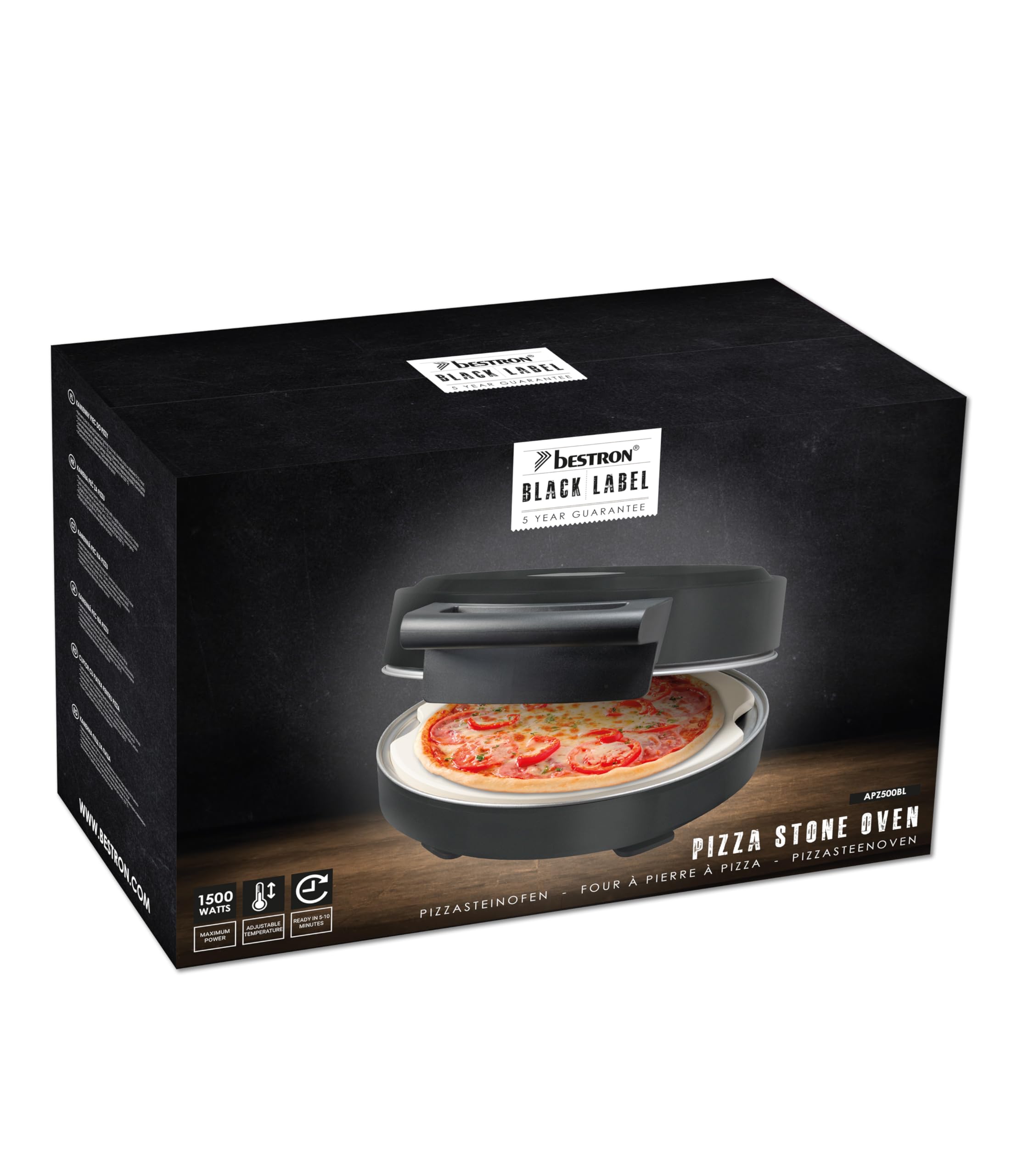 Bestron Pizzaofen für knusprige Pizzen in 5-10 Minuten, elektischer Pizzaofen mit bis zu echten 320°C Höchsttemperatur, inkl. Schamottstein & 2 große Holzspatel, Black Label, Farbe: Mattschwarz