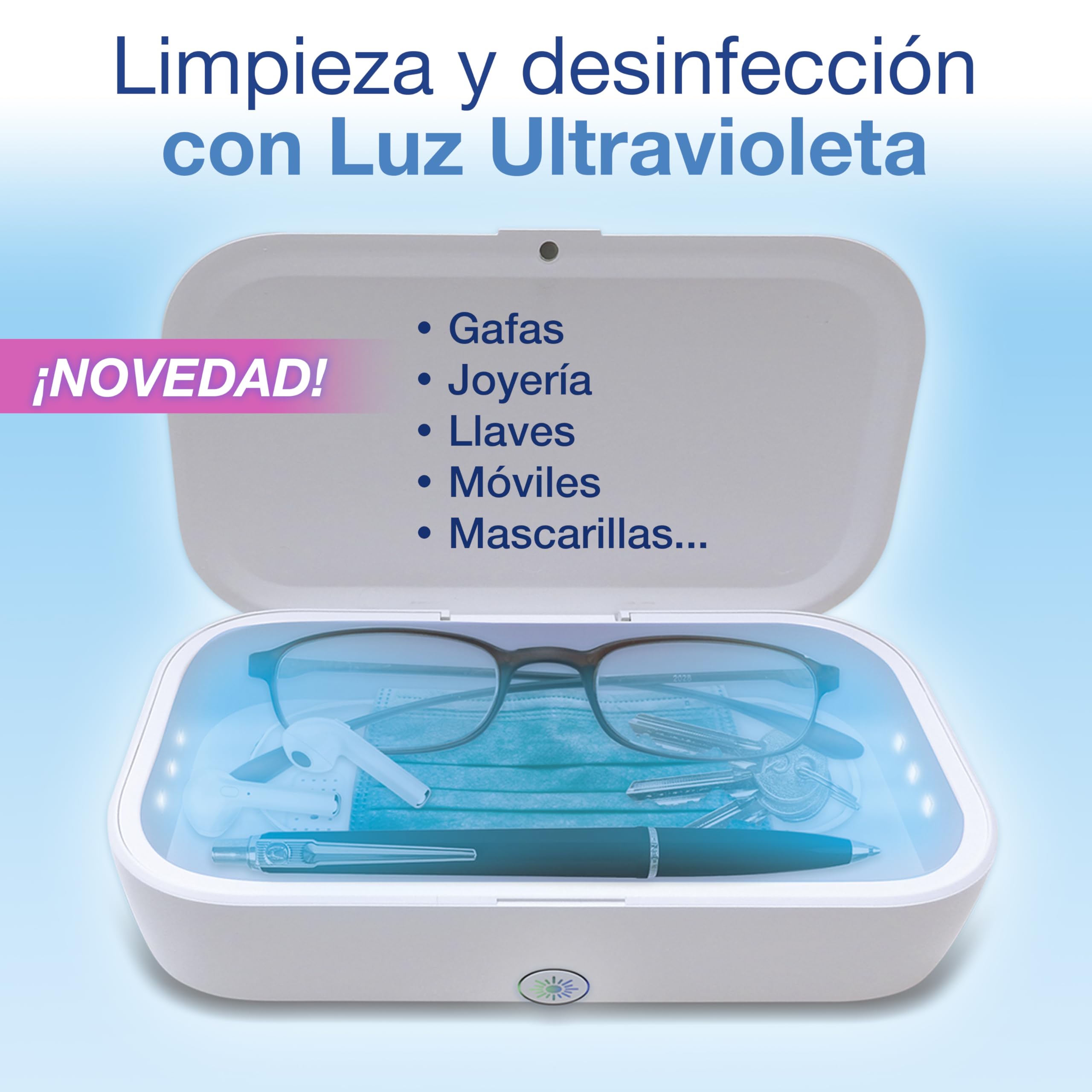 UVC Q Box Esterilizador UV para Móviles, Llaves, Joyas y Objetos personales con Luz Ultravioleta. Desinfecta, Purifica, Aromatiza y Carga el móvil. Elimina el 99,9% de Virus y gérmenes