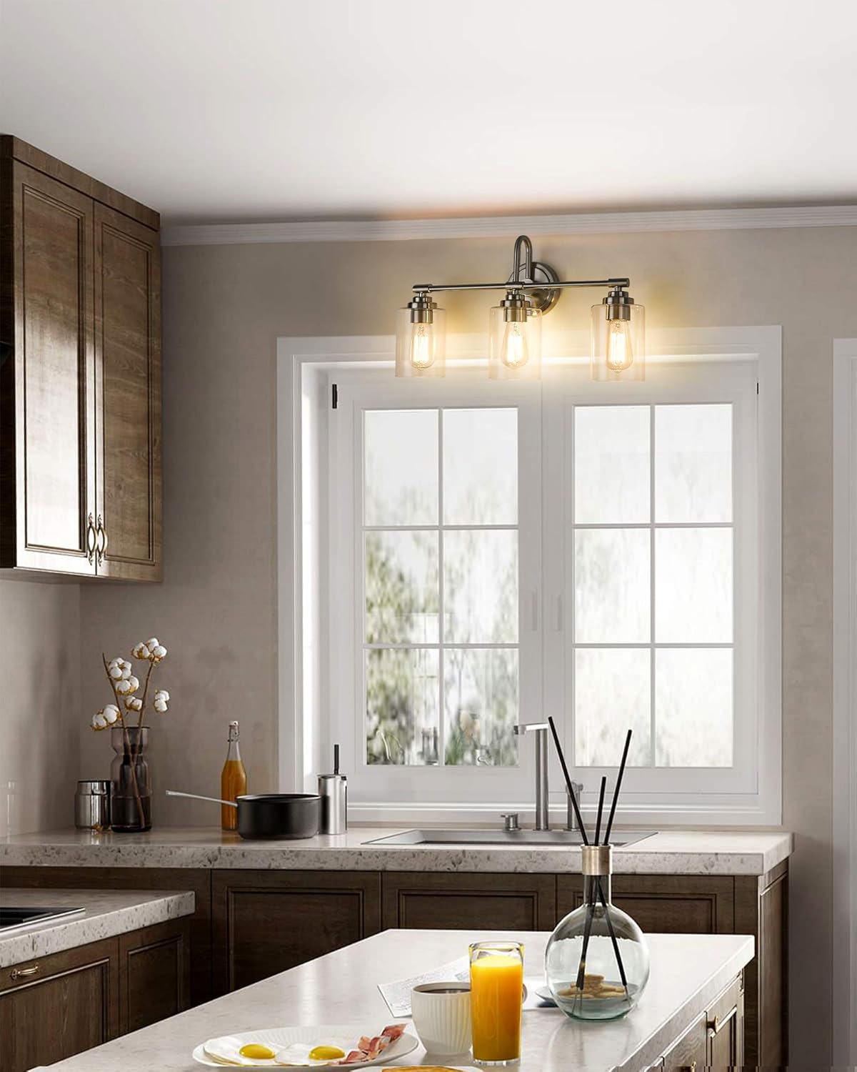 Best Deal AKEZON 3-Light Bathroom Vanity Light Fixtures, Brushed Nickel Bathroom Lighting with Clear Glass Shade, KW-7220-3