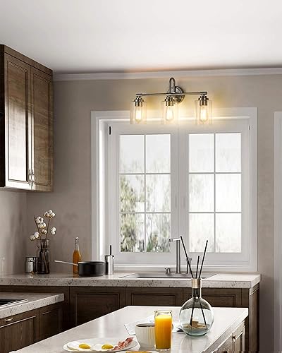 Miniatura 5 de Lámparas de tocador de baño de 3 luces, iluminación de baño de níquel cepillado con pantalla de vidrio transparente, accesorios de iluminación de