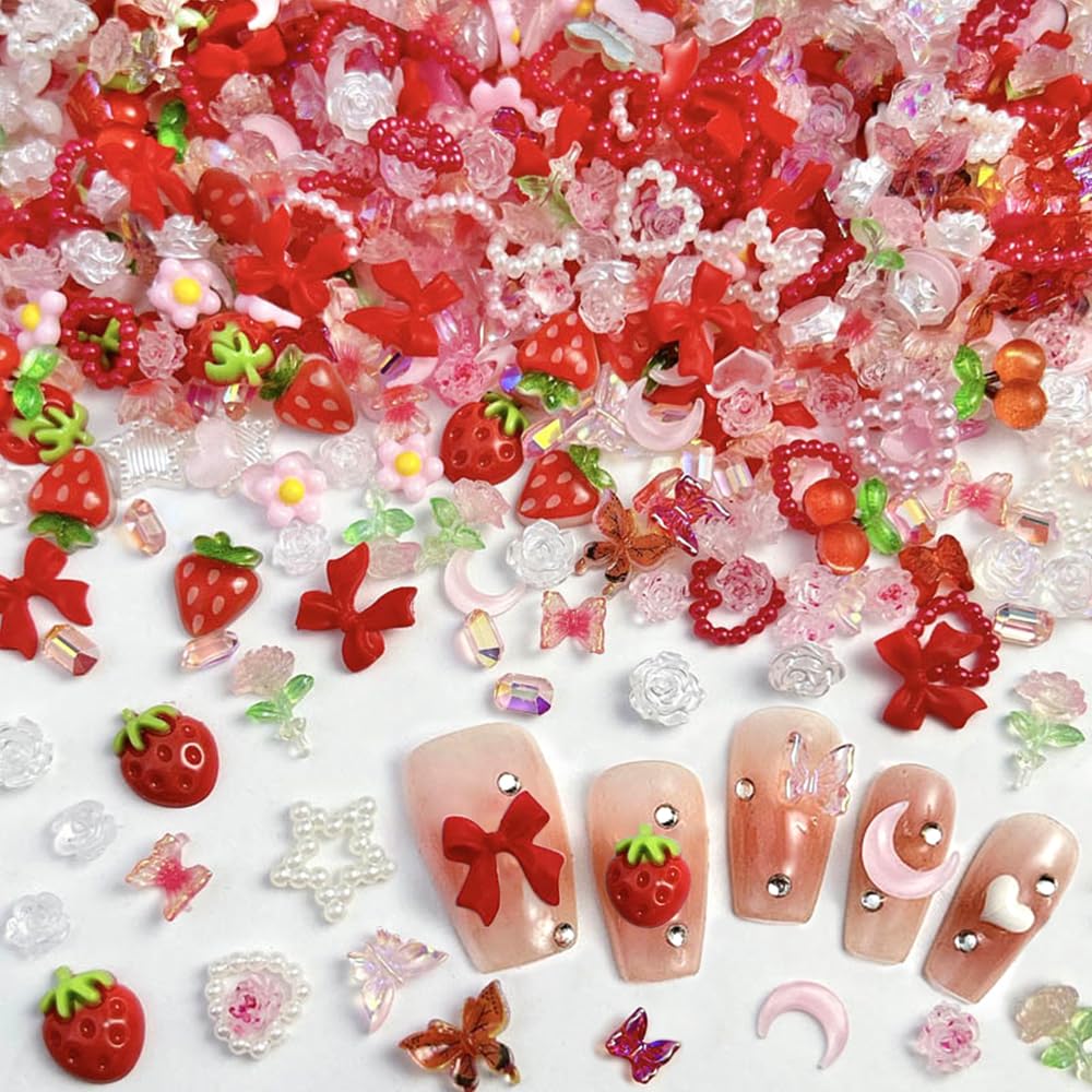 100 Stück Nagel Charms Rosa Gemischt – 3D Harz-Anhänger Mit Schleifen, Blumen, Bären & Herzen