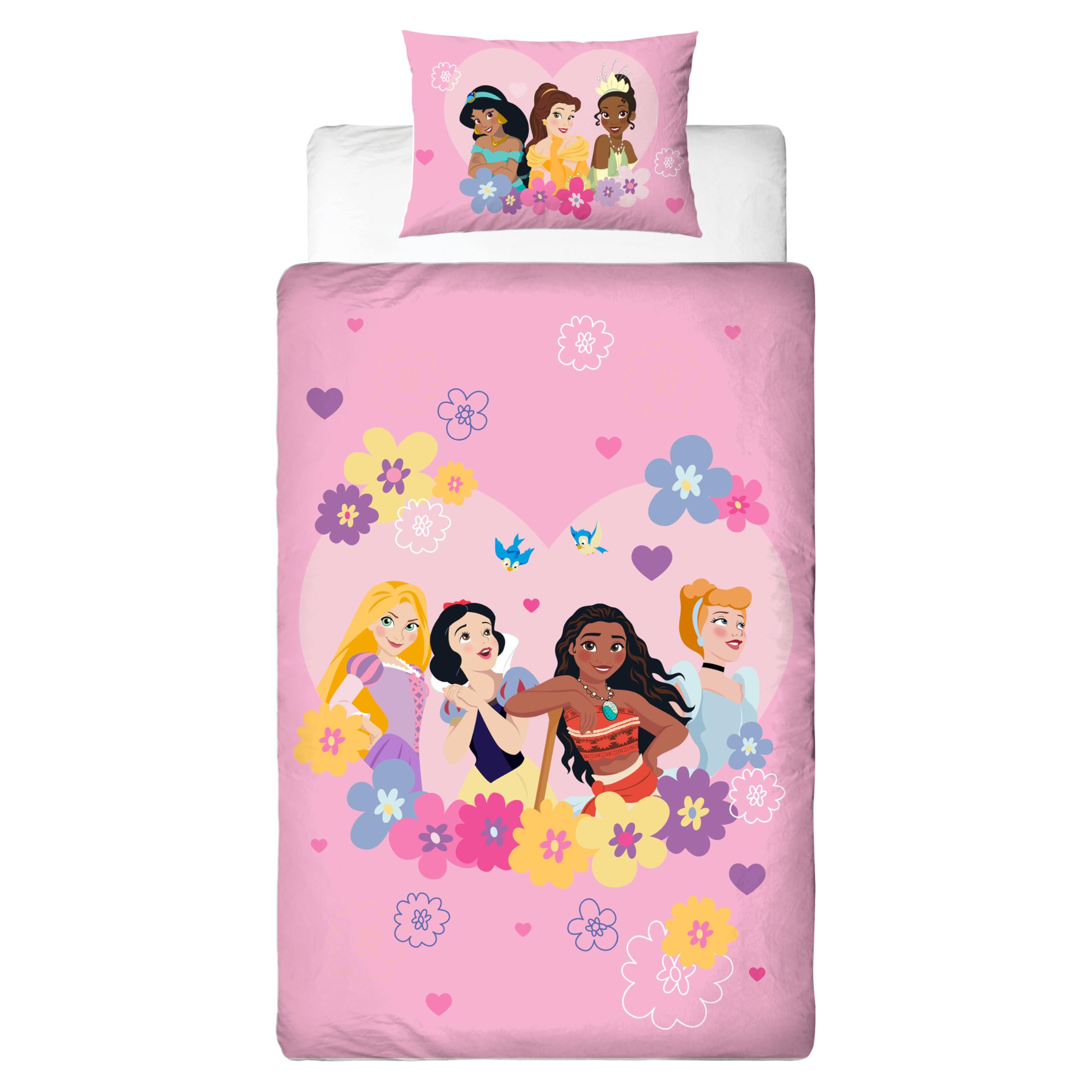 Disney Juego de Funda nórdica Individual con Licencia Oficial Princess | Diseño «Flower Power», Ropa de Cama Reversible por Ambos Lados Que Incluye Funda de Almohada a Juego