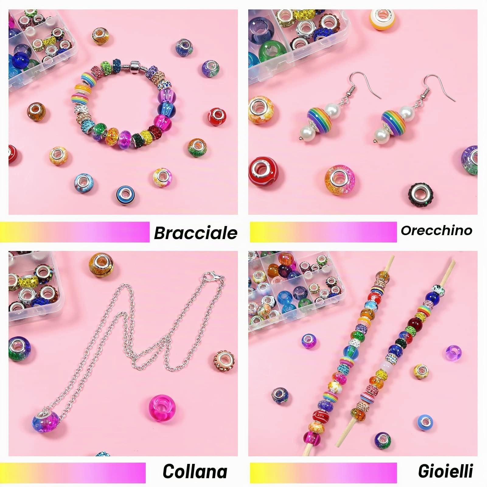TOAOB 150 Pezzi Perline Europee 14mm Grandi Foro Kit Braccialetti Fai da Te Resina Distanziatore Perline Colorate Vetro Strass Bead per Collana Creazione di Gioielli