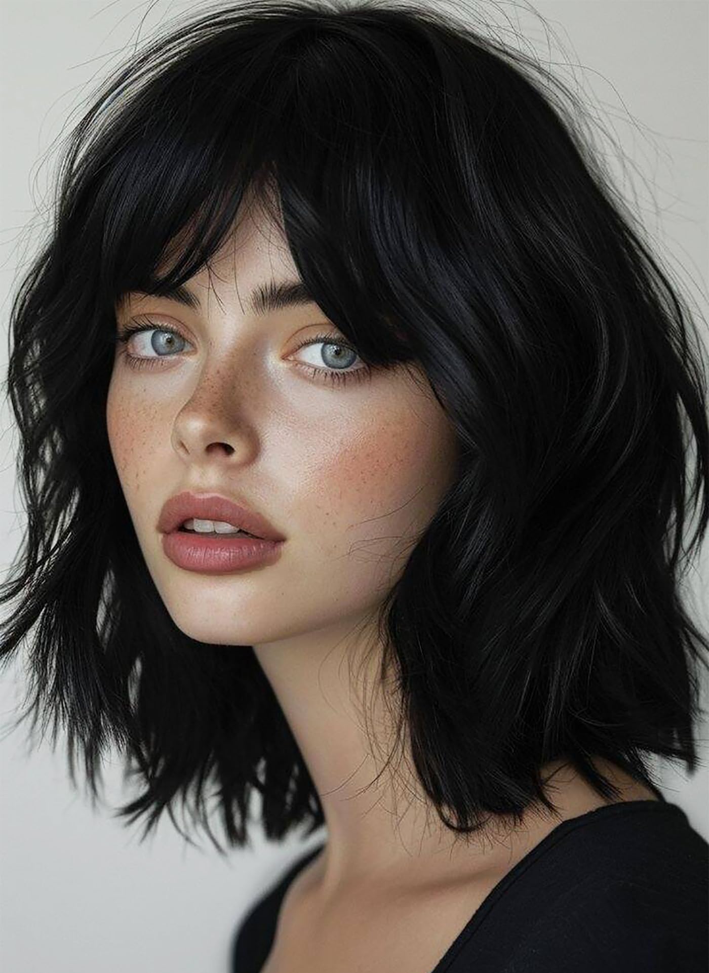 ISAMY Short Bob Wigs With Air Bangs Shoulder Length Women's Wig Bob Curly Wavy Synthetic Cosplay Wig for Girls Daily Use Colorful Wigs (Black) - Image 3