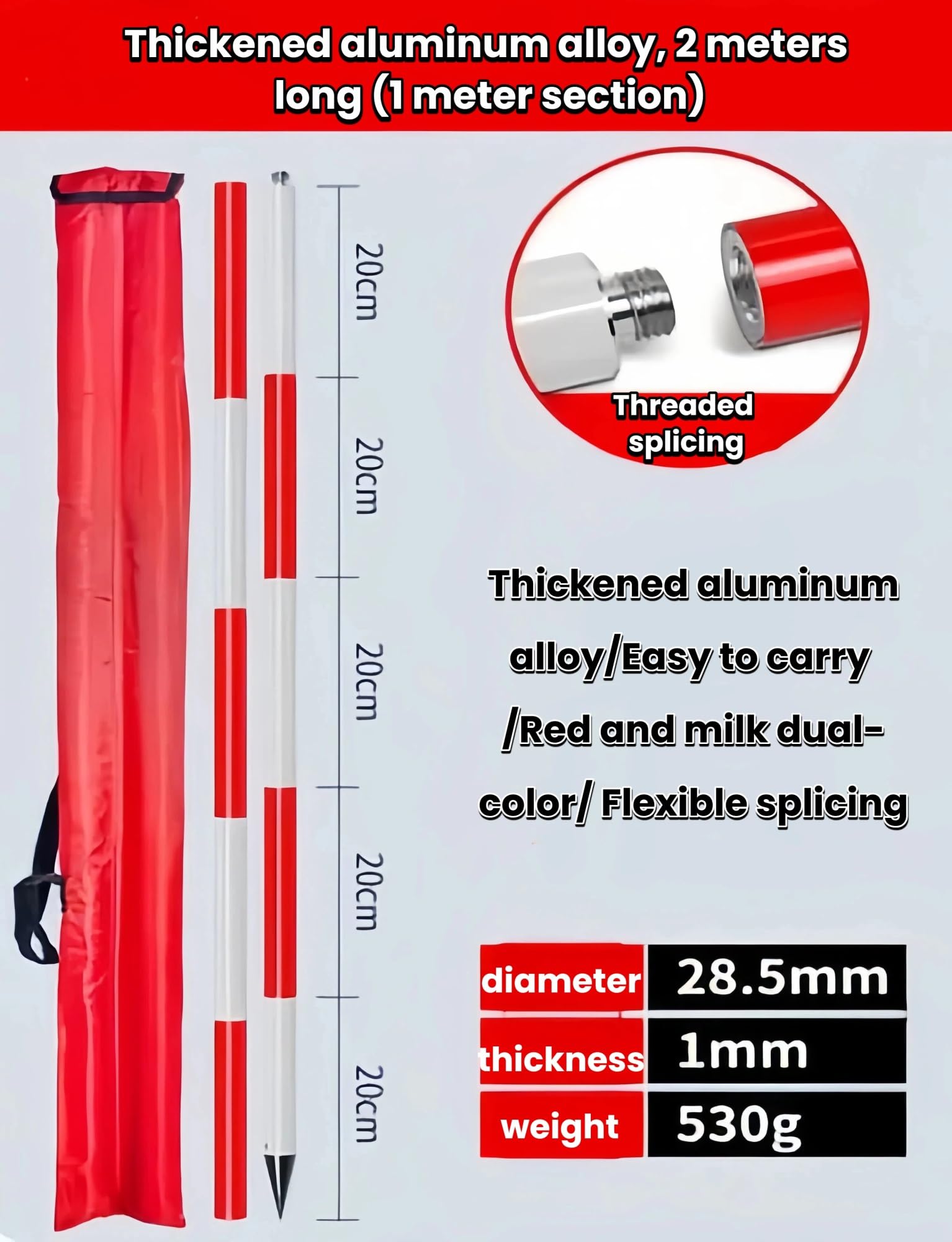 Varilla topográfica de aluminio con bolsa, bandas rojas y blancas de 20 cm, poste de prisma para mediciones, señalización vial, obras de construcción(2 meters)