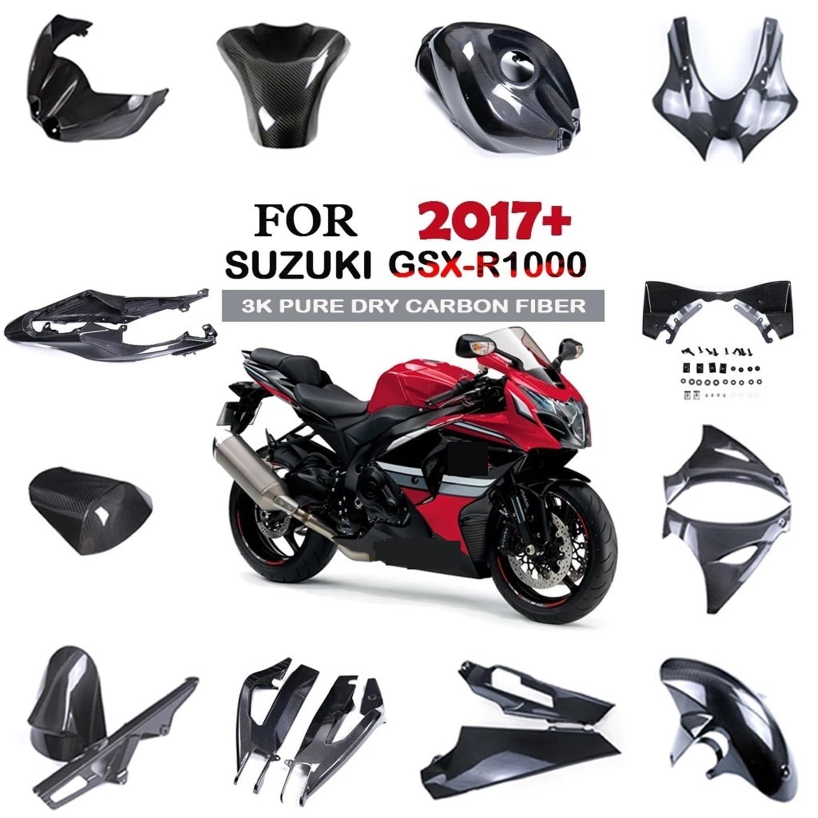 Adatto per Suzuki GSX-R1000R 2017 + 2023 2024 2025 Protezione del serbatoio del carburante Pannello laterale Kit carena in fibra di carbonio a secco Moto Carenatura Winglets