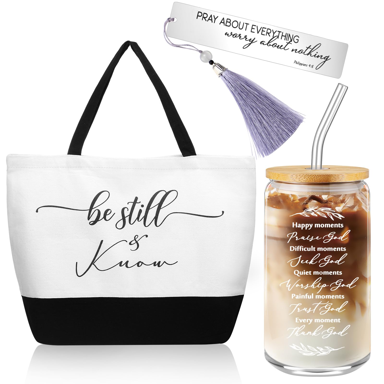 Hosuly 3 Pcs Christian Gift for Women Religious Bible Verse Christian Tote Bag 16oz Glass Cups Bookmark Mothers Day Gift for Church Women Faith Based Birthday Friend Mom Sister Inspirational