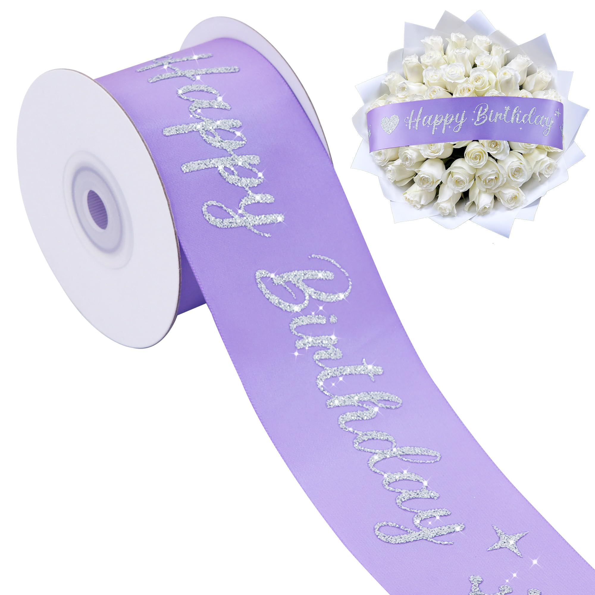 TONIFUL Glitter Light Purple Happy Birthday Satin Ribbon 2 Inch x 10 Yards Wide Shiny Birthday Ribbon for Flower Bouquet, Gift Wrapping, Cake Decoration, Crafts, Banner Making and Party Supply