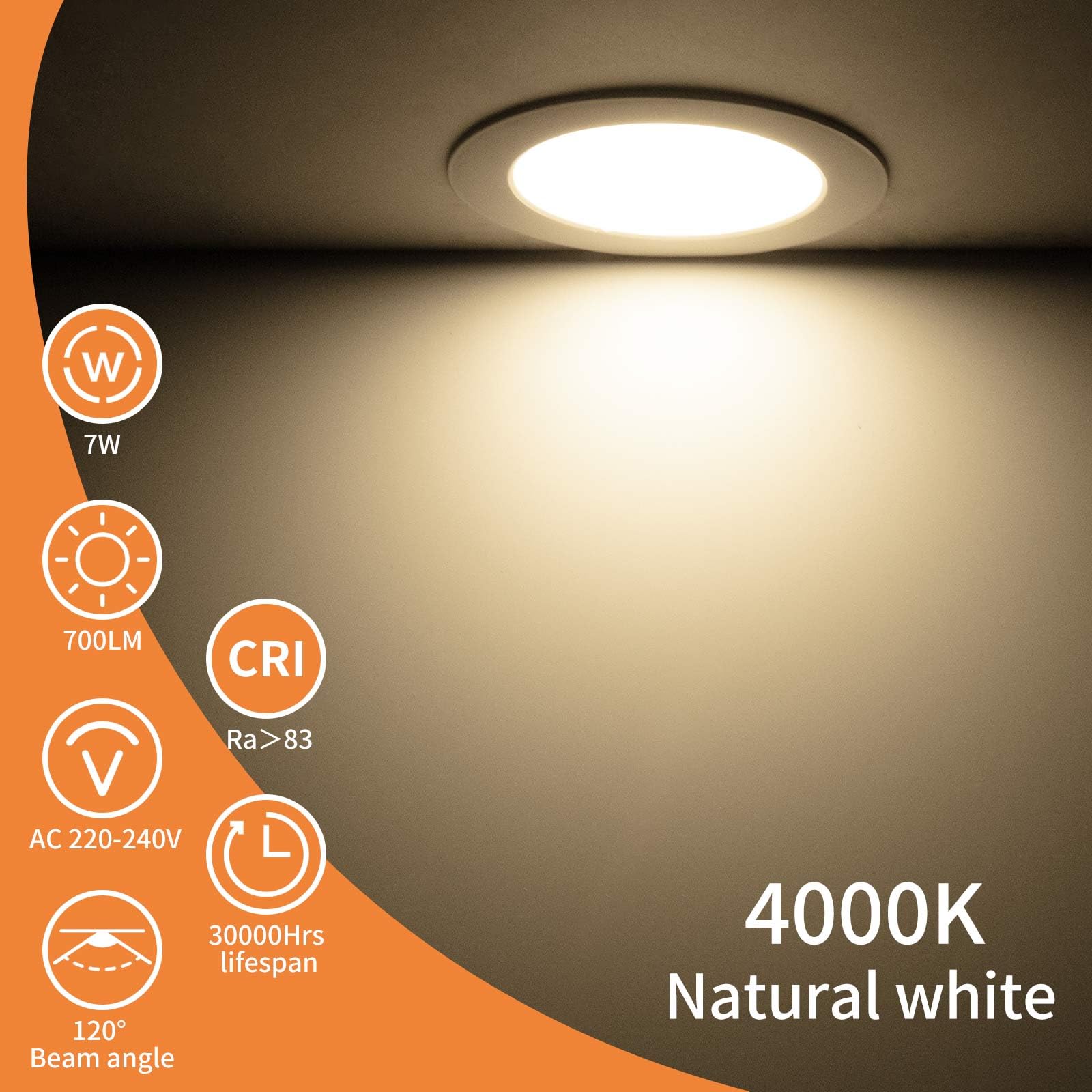 Downlight LED Techo Empotrable Extraplano Redondo, 7W 700LM, Blanco Natural (4000K) IP44, Corte 95-105mm, Foco Empotrable LED Techo Ojo de Buey, 20 Pack