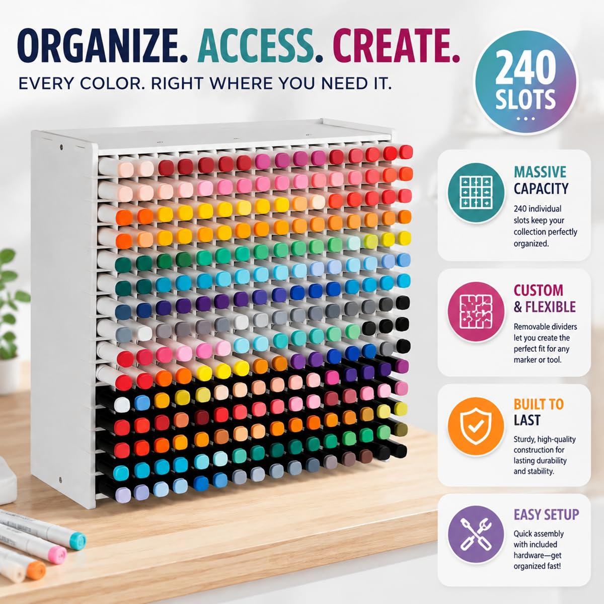 Organisateur de 240 Stylos, Organisateur de Marqueurs Boite Rangement Feutre Acrylique Rangement Crayon avec Séparateur Amovible pour Crayons de Couleur et Fournitures d'Art