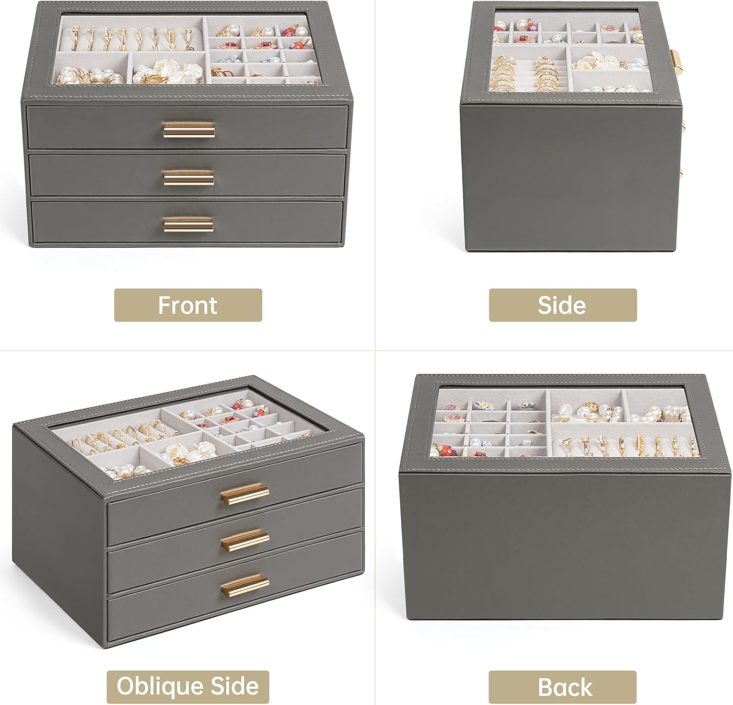 AKOZLIN Jewelry Box with Clear Lid Functional Leather Jewelry Storage Organizer Case 3 Drawers for Women Girls Necklace Ring Bracelet Earring