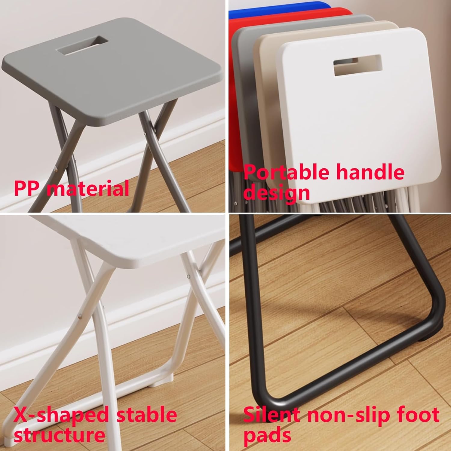 No Assembly Required Folding Stool with Portable Handle, X - Shaped Stable Structure Quiet & Non-Slip Foot Pads Foldable Chairs for Living Room, Balcony, Bedroom and More(Gray)