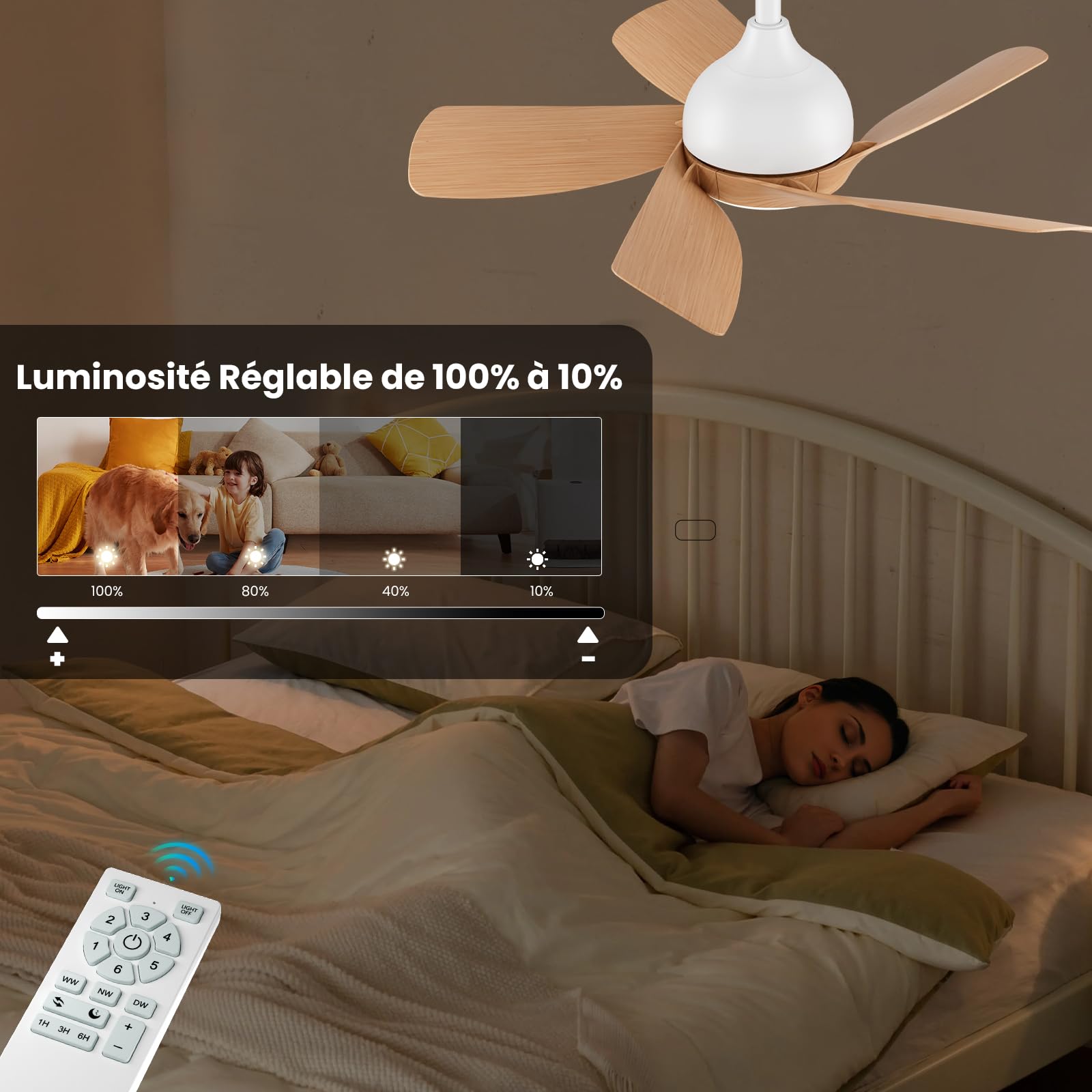 CJOY Ventilateur de Plafond, 76cm Ventilateur Plafond avec Lumiere | Telecommande, 6 Vitesse, Mémoire 3 CCT Dimmable, Silencieux Réversibles CC, Timer, Veille Mode, Grain Bois, Chambre à Coucher
