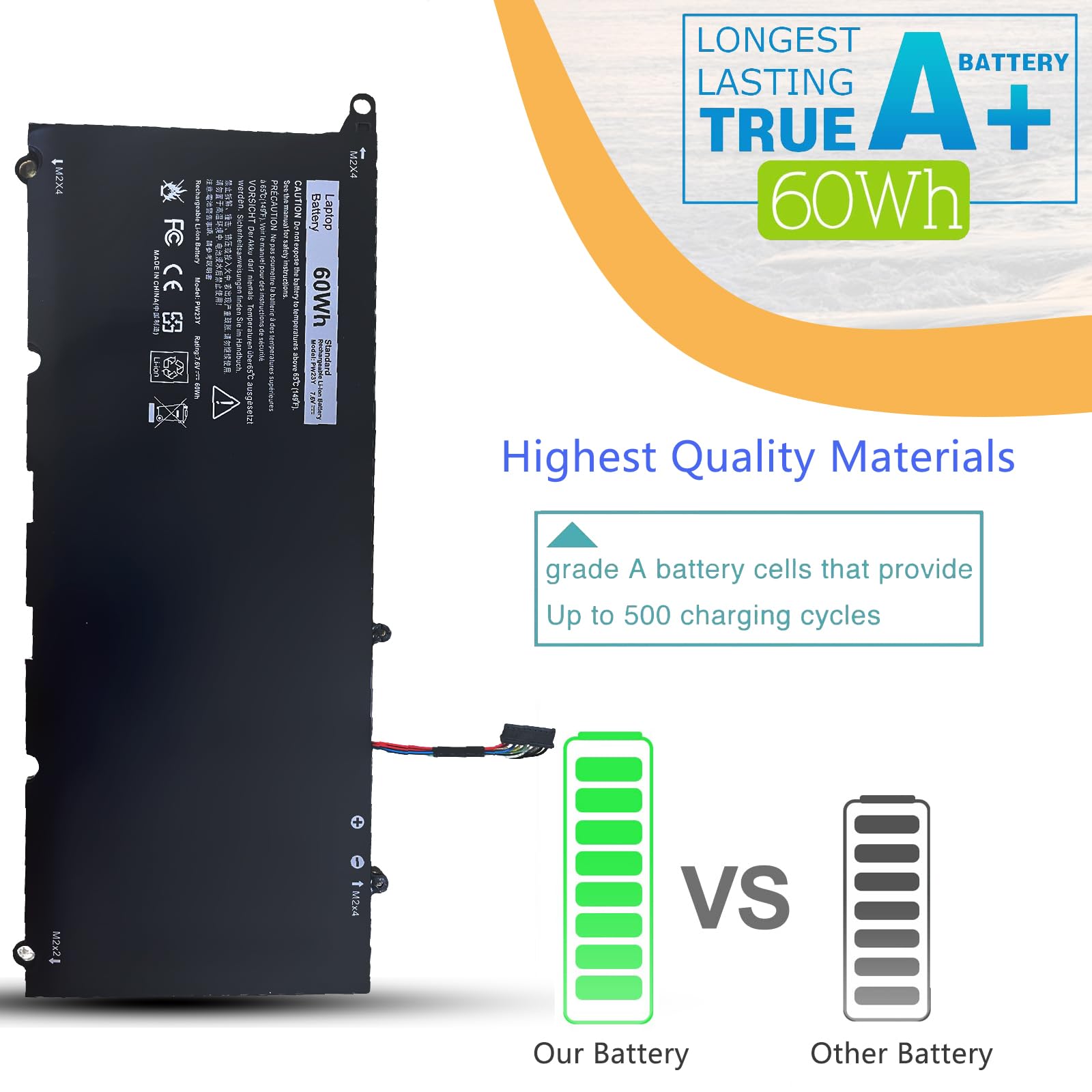 PW23Y Batteria di ricambio per computer portatile Dell XPS 13 9360 P54G002 13-9360-D1605G 13-9360-D1605T 13-9360-D1609G 13-9360-D1705G Series sostituzione TP1GT RNP72 0 RNP72 0TP1GT 7,6 V 60