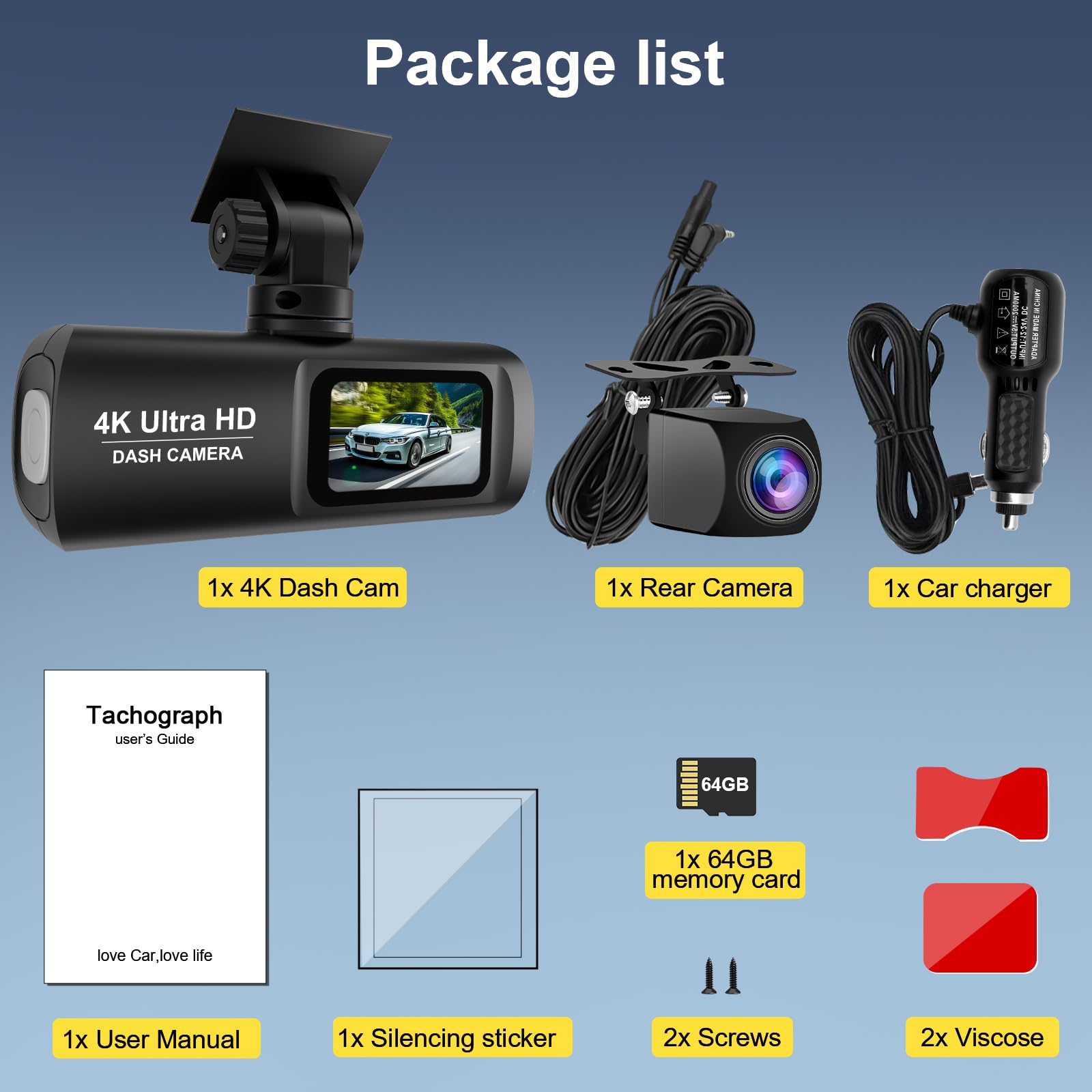 Dash Cam Auto 4k + 1080P, WiFi Dashcam Telecamera per Auto Atti Vandalici con Visione Notturna Migliorata, Sensore di Gravità, Registrazione in Loop, WDR