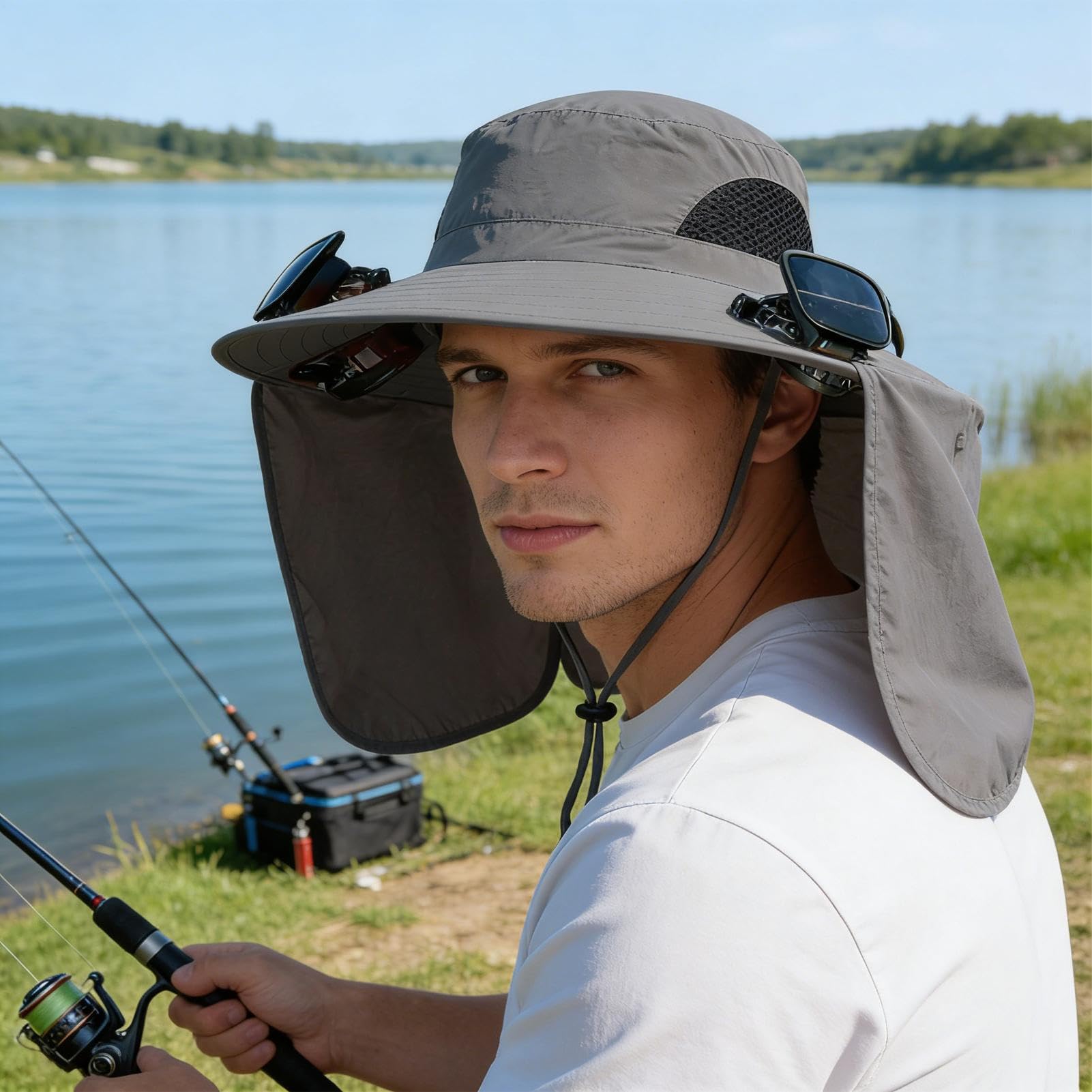 Sombrero con Ventilador,Protección UV y tejido transpirable - Plegable con Dos Ventiladores Solares para Jardinería Senderismo Playa Vacaciones - para Hombre Mujer Senderismo Exterior Playa Vacaciones