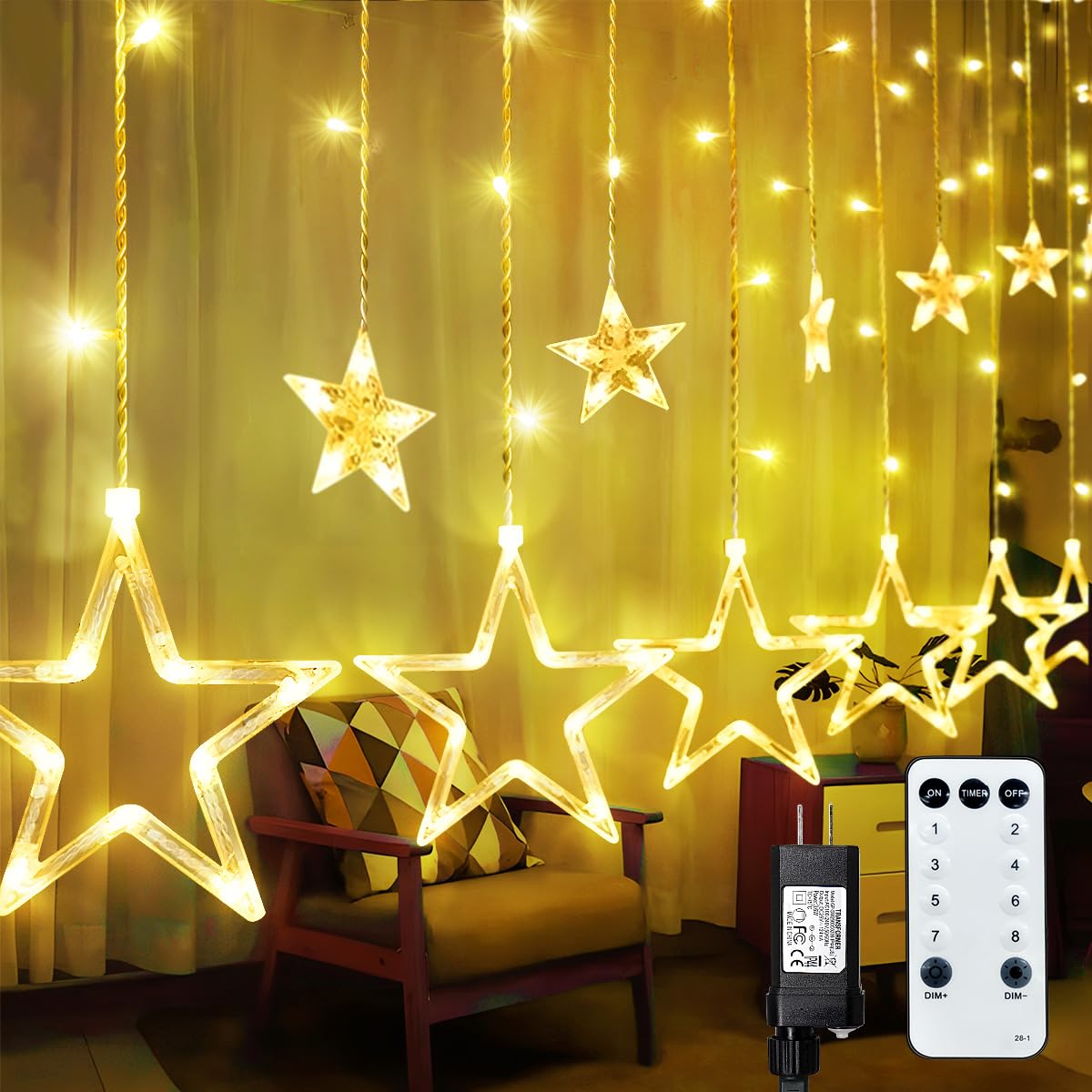 ACAN 12 Stars Curtain Lights 138 LED, Warm White Christmas Curtain Light Indoor with 8 Flashing Modes, 6.6ft Waterproof Christmas Decor for Indoor Outdoor Window Diwali Wedding Party