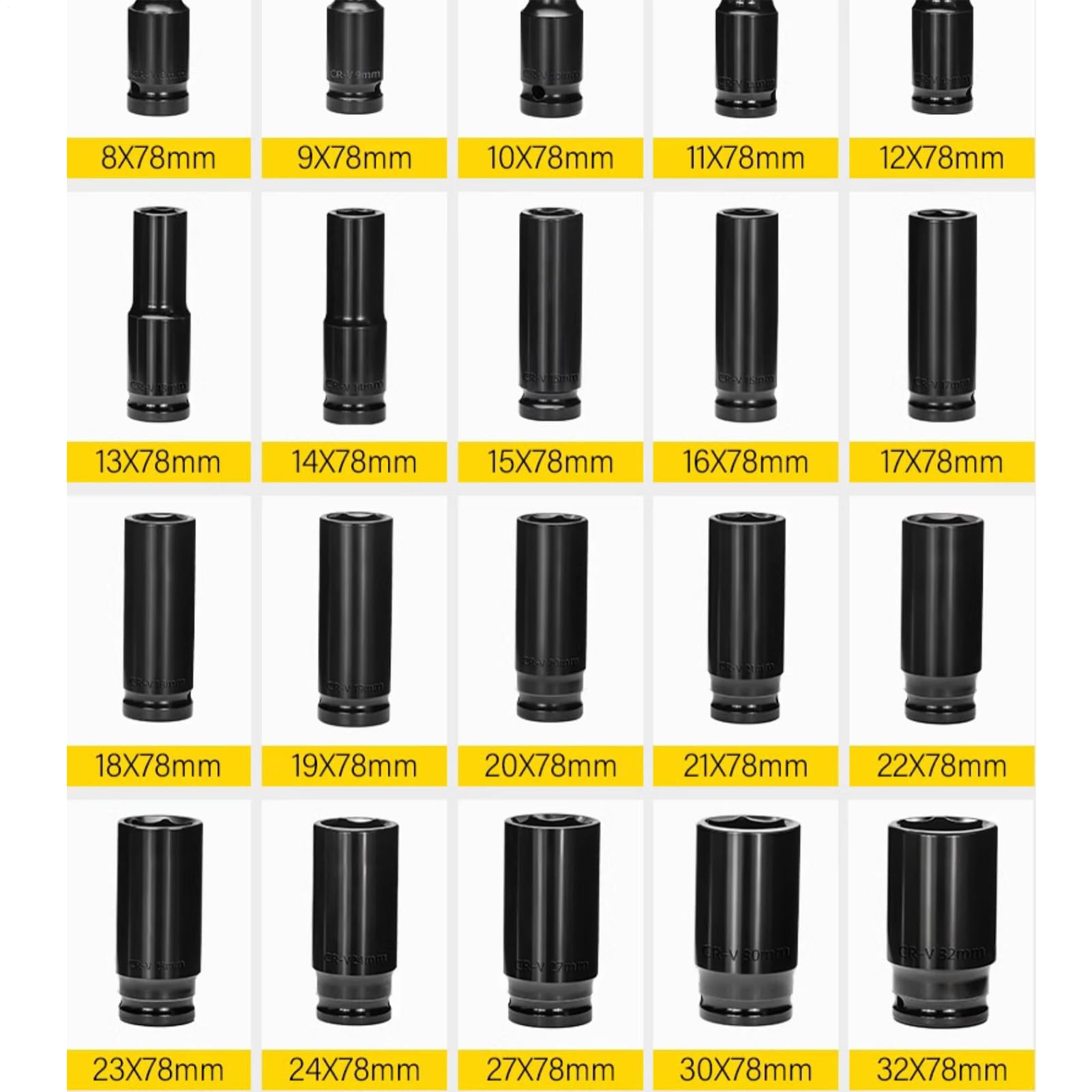 Set bussole lunghe completo Adattatore, Estrattore E Prolunga | Set bussole standard completo 26 Pezzi Metrico 6 Punti 10-24 mm Attacco 1/2 Acciaio Legato Finitura Fosfato Nero Per