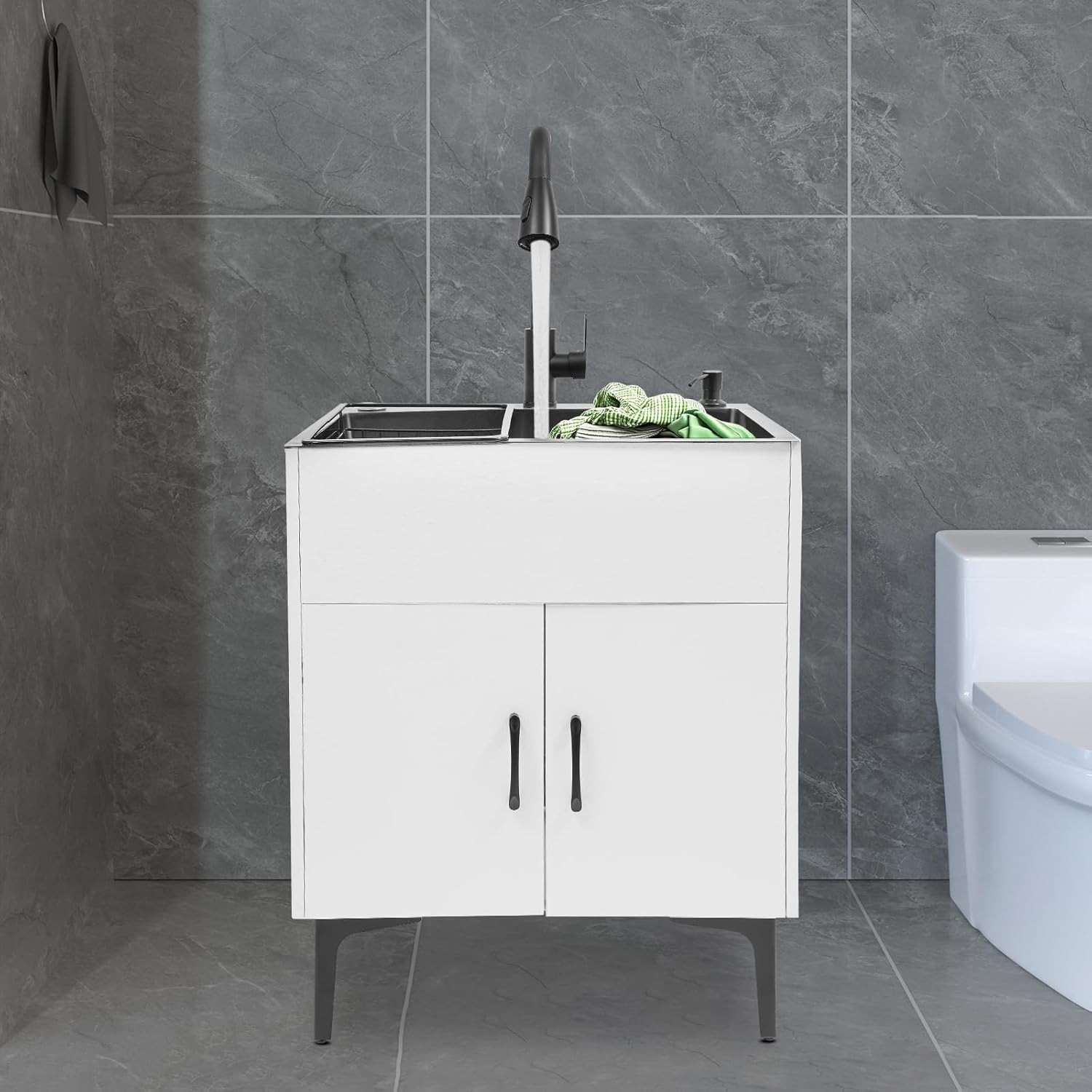 Laundry Sink Cabinet with Pull-Out Faucet, Stainless Steel Freestanding Utility Room Sink with Cabinet Utility Tub for Bathroom Laundry Room Kitchen (23.62x17.72in White)