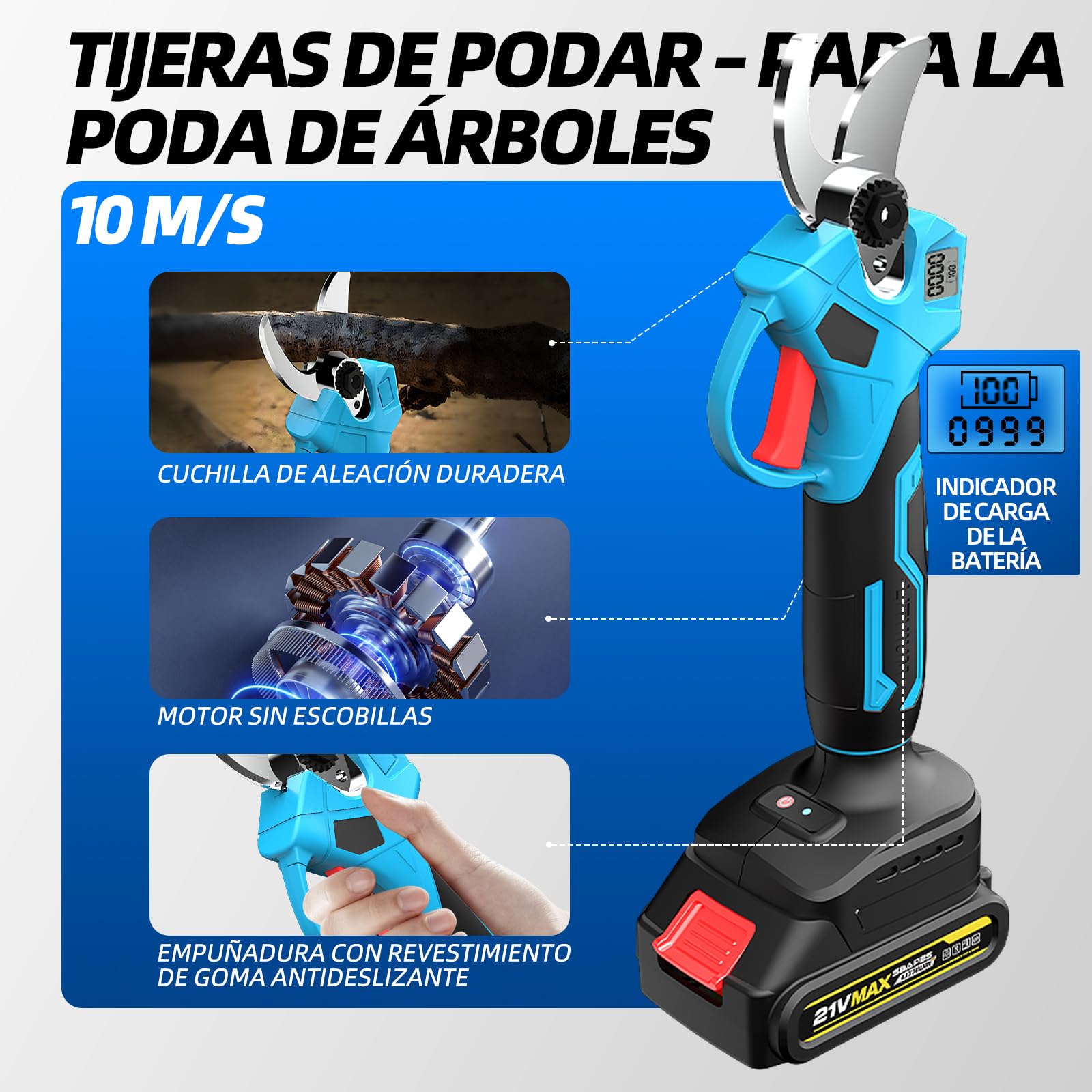 4 en 1 Podador de altura a batería Mini motosierra de 15 cm (6″) con telescópico (2,5 m) + Tijera eléctrica de 35 mm, incl. 2 baterías 21V – perfecto para cuidado de árboles y poda de ramas