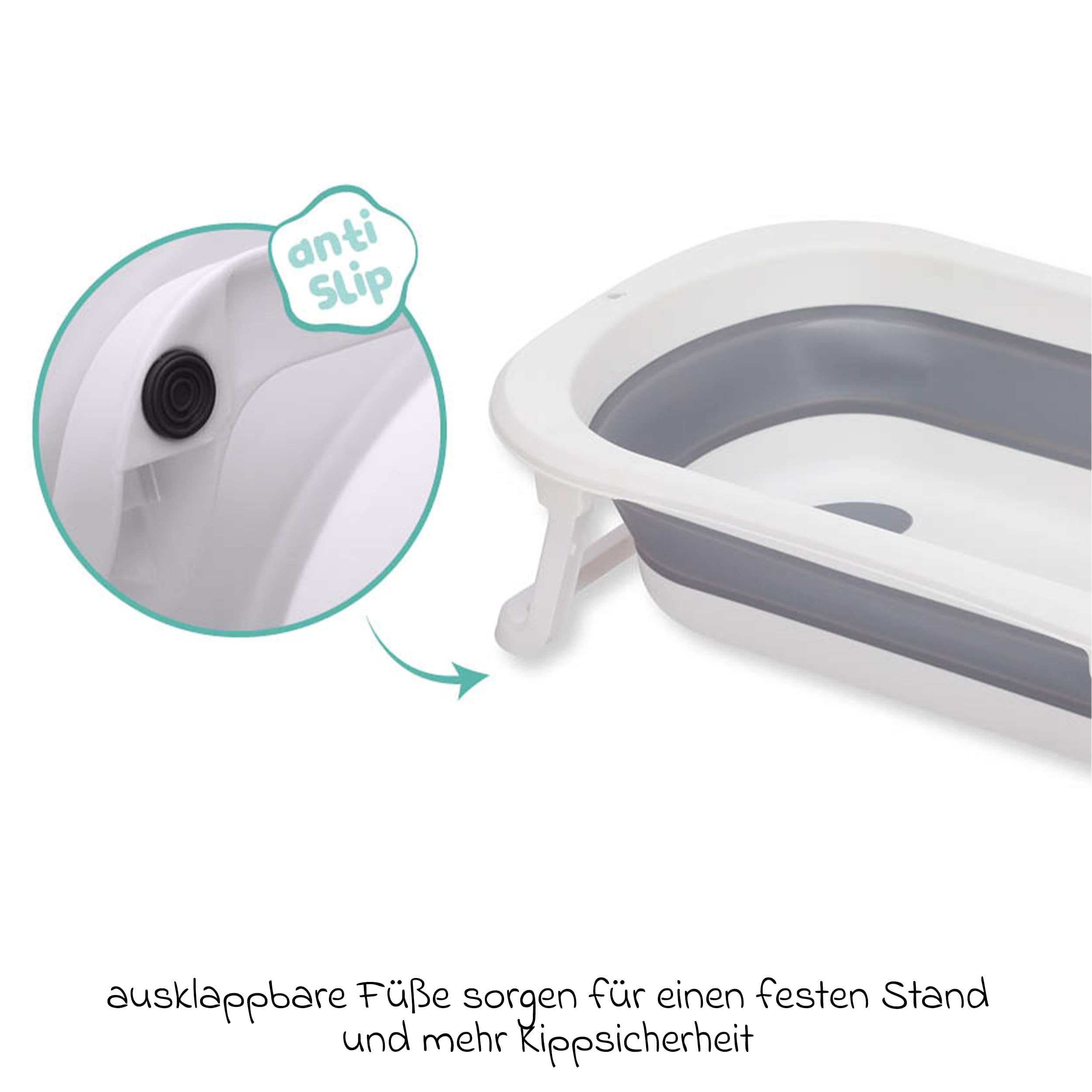 Fillikid Orka, vasca da bagno pieghevole per bambini, grigio/bianco | Vasca salvaspazio con gambe pieghevoli, rivestimento antiscivolo e tappo di scarico