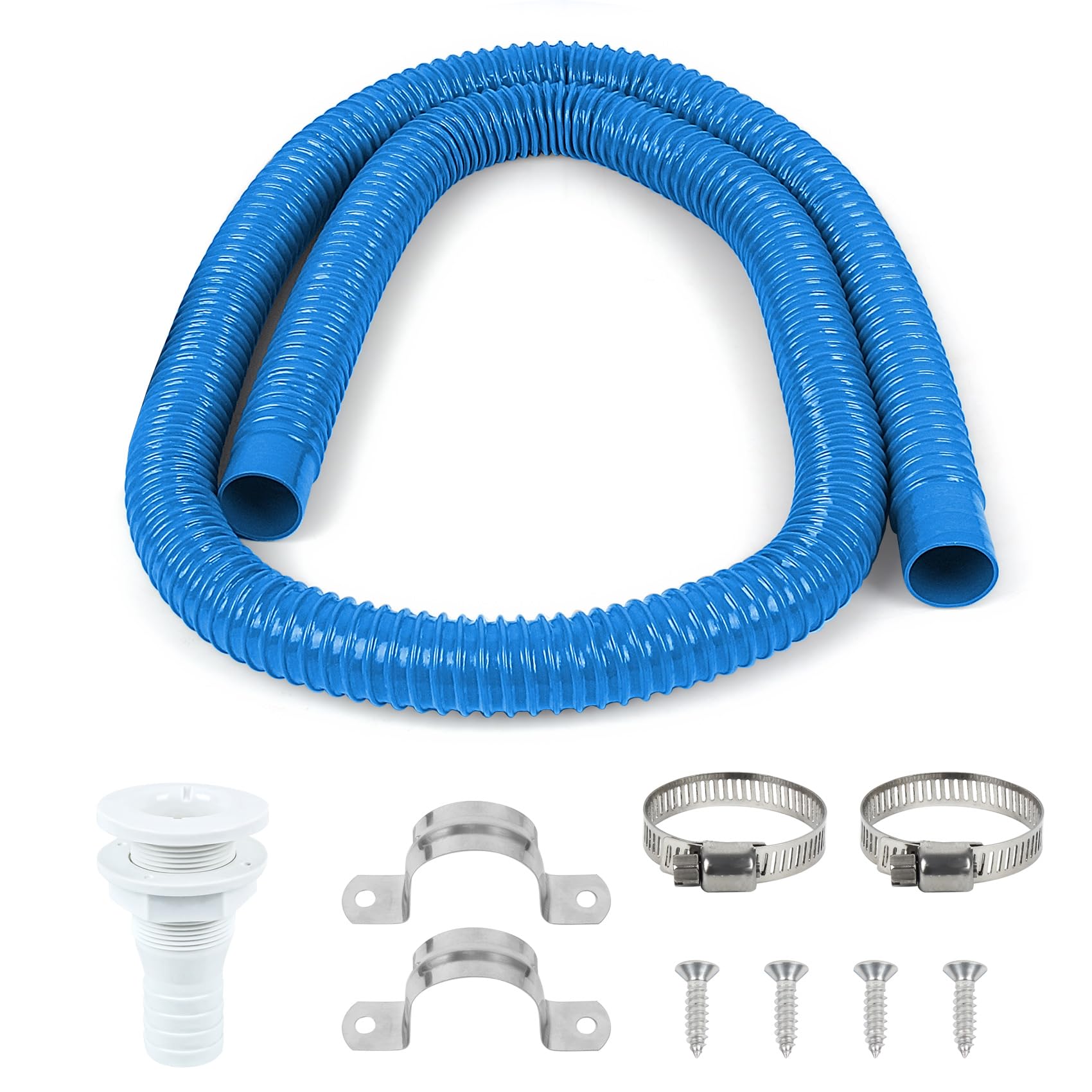 View 1 of 1-1/8 Inch Dia Marine Bilge Pump Hose,6 FT PVC Bilge Pump Hose, Bilge Pump Installation Kit with 1-1/8 Inch Thru Hull Fitting,Include Stainless Steel Clamps and U-Shaped Pipe Card (Blue)