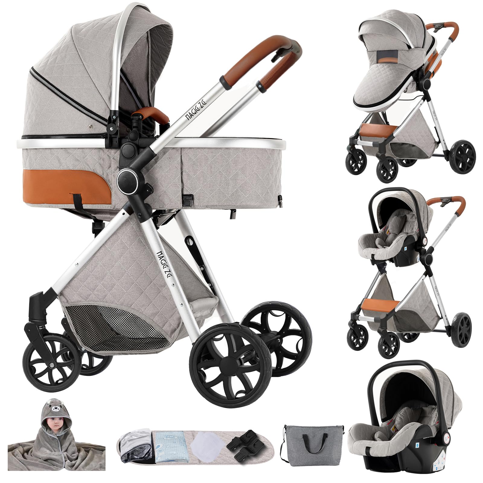 Passeggino Trio, Passeggino 3 in 1 con Spinta Reversibile a Due Vie, Trio Passeggini Neonati con Accessori, Carrozzina per Neonati Design Portatile Pieghevole Un Clic (YV9 Light Grey)