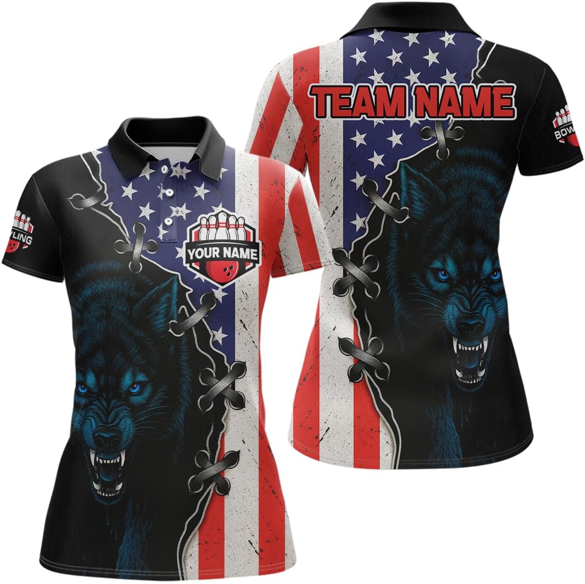 Patriotic Wolf Bowling Shirts for Team Men Women Wolf Bowling Jerseys US Flag Bowling Polo and 1/4 Zip Shirts American Flag