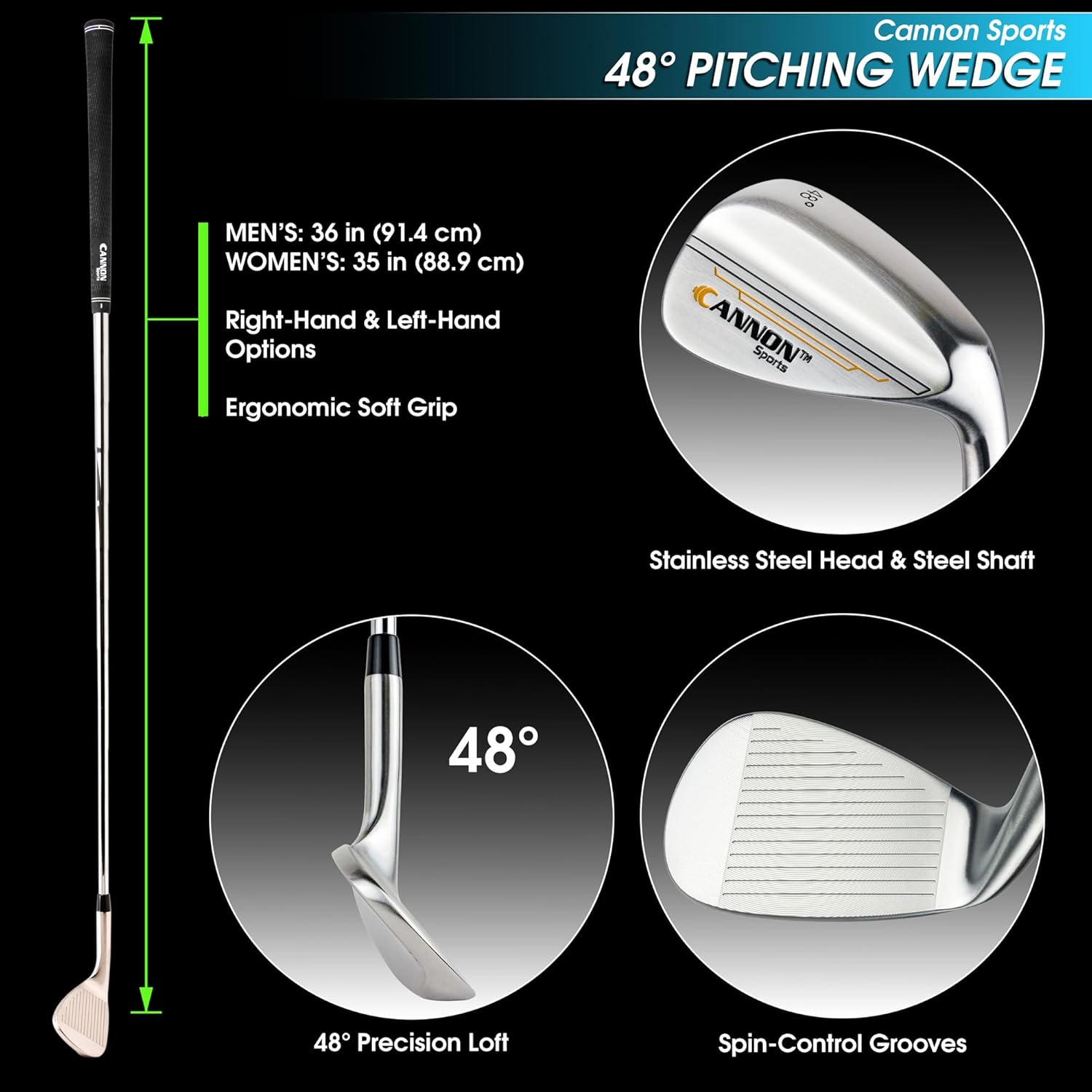 Cannon Sports 48 Degree Pitching Wedge Golf Club – Men & Women, Left & Right Hand – Stainless Steel Head & Steel Shaft – Lightweight Durable Wedge with Soft Grip – All Skill Levels