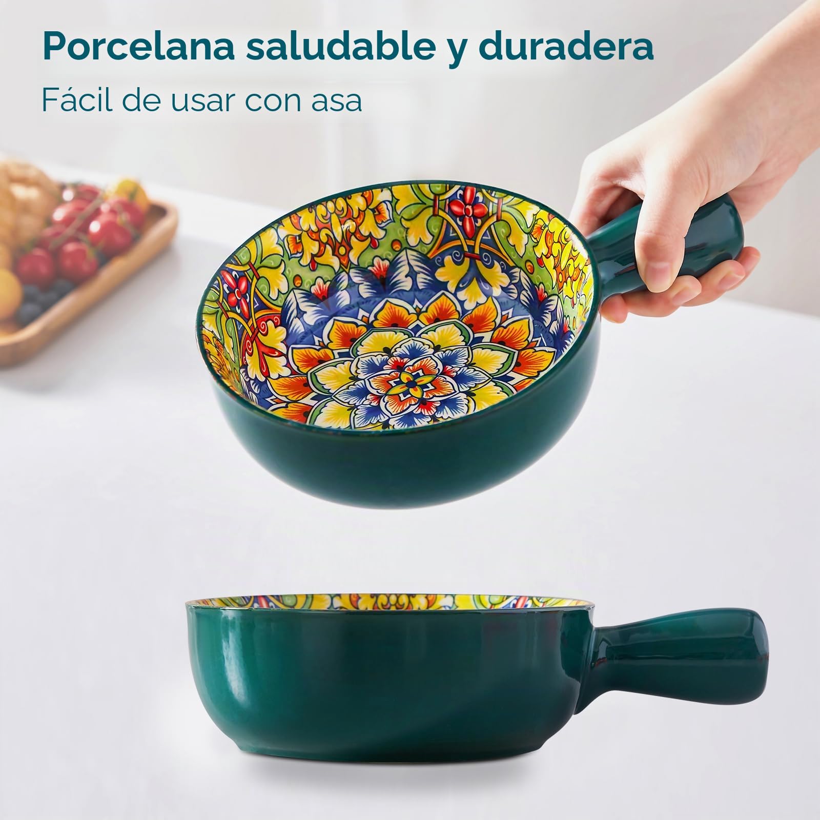 vancasso Juego de 4 Tazón de Sopa con Asa, 690ml Tazones de Consomé de Cerámica, Cuencos de Cereales con Cebolla Francesa, Apto para Microondas y Lavavajillas, Estilo Bohemio