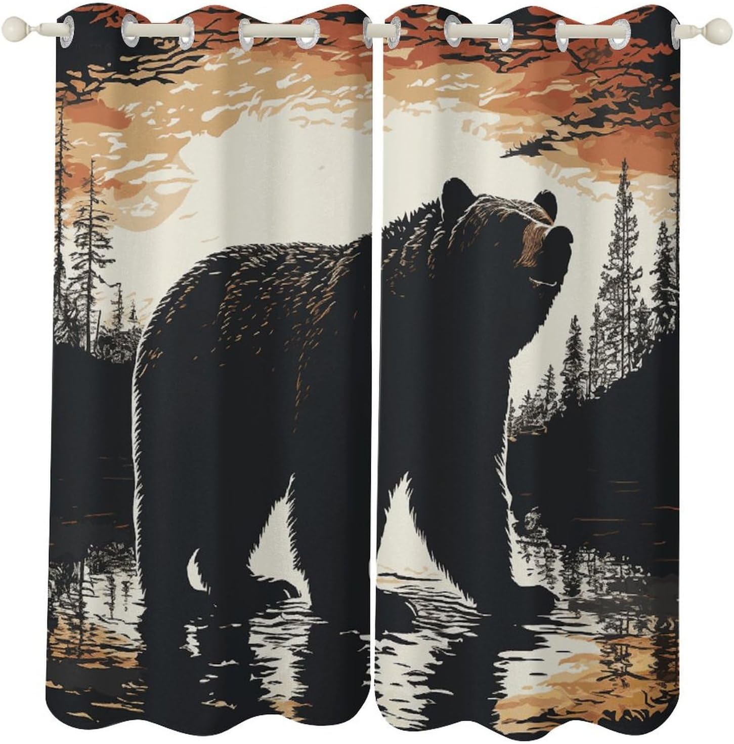 Bear Silhouette Printed Perforated Curtains, Insulated Curtains for Winter, Thermal Drapes are Suitable for Most Windows, Balconies