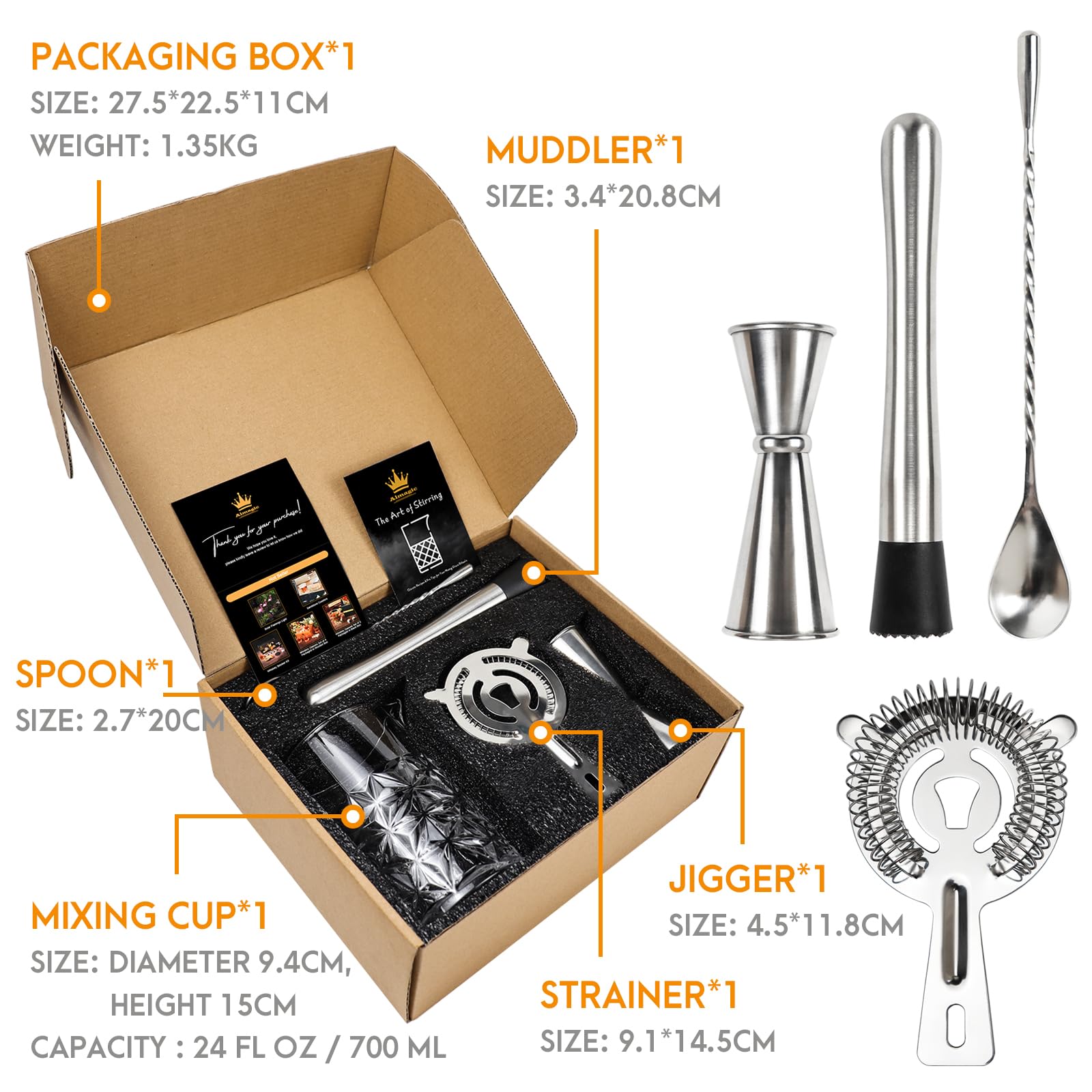Kit de mezcla de cóctel, incluye vaso agitador de 24 onzas, colador, medidor, cuchara, mortero
