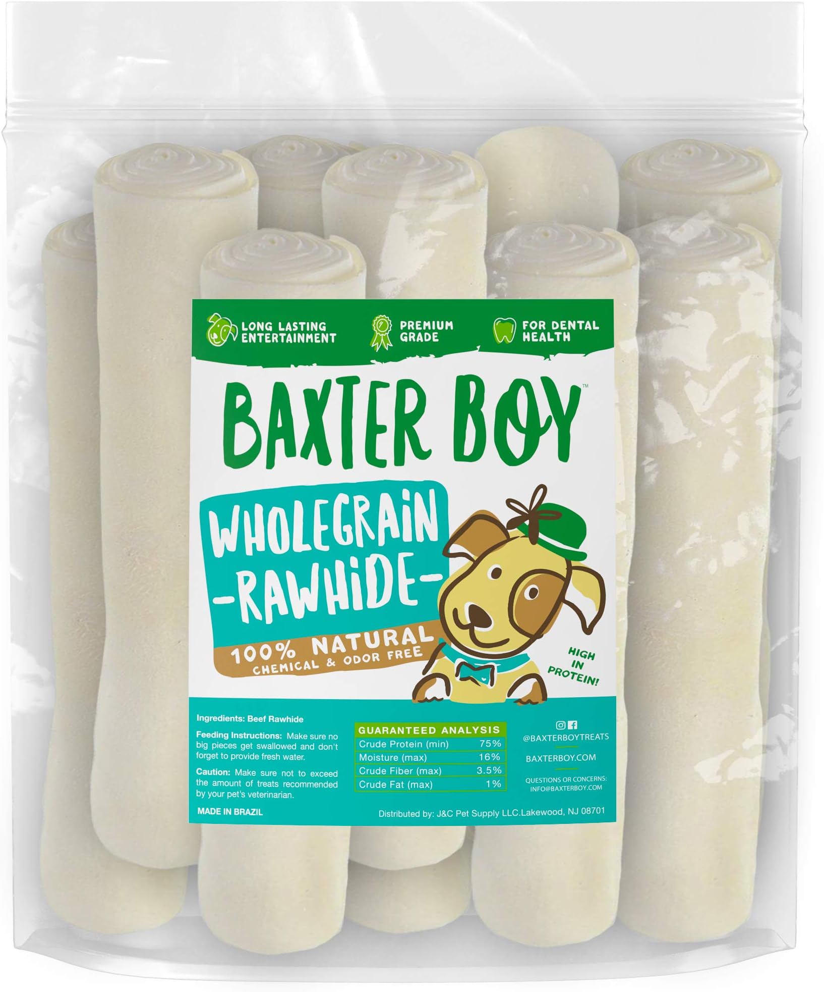 Baxter Boy Rawhides for Dogs, 8-9" Premium Dog Bones for Aggressive Chewers, Large Rawhide Chew Dog Bone, Thick Dog Chews (10 Pack)