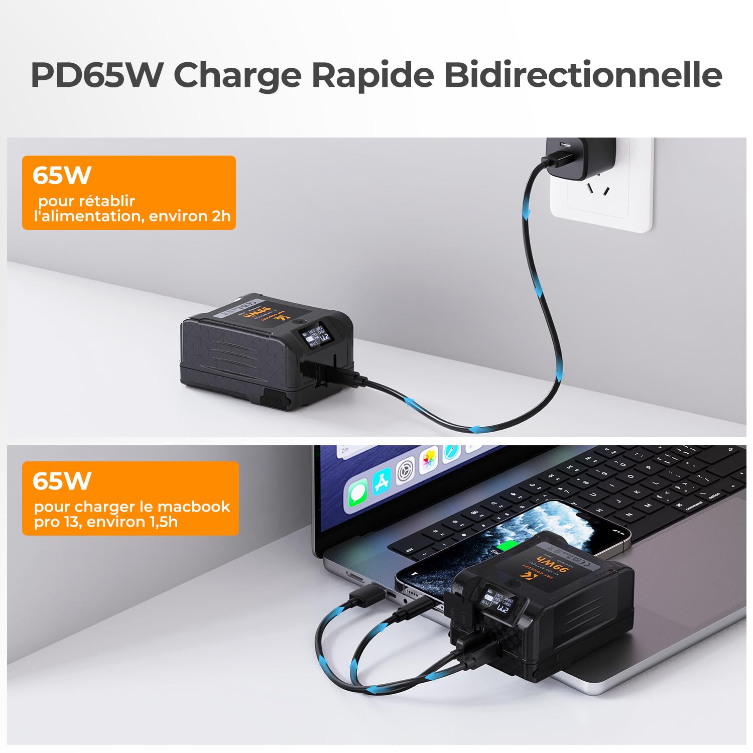 K&F CONCEPT Batterie V Mount 99 Wh 6700 mAh 14,8 V Mini Batterie V Lock 65W | Charge Rapide PD Bidirectionnelle avec D-Tap, USB-A, USB-C, BP, Écran OLED, pour Voyage/Camera/Smartphone KF-V99