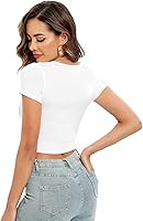 Vista 5 de Paquete de 4 camisetas cortas básicas ajustadas de manga corta para mujer, lindas camisetas cortas de moda con cuello redondo para mujeres