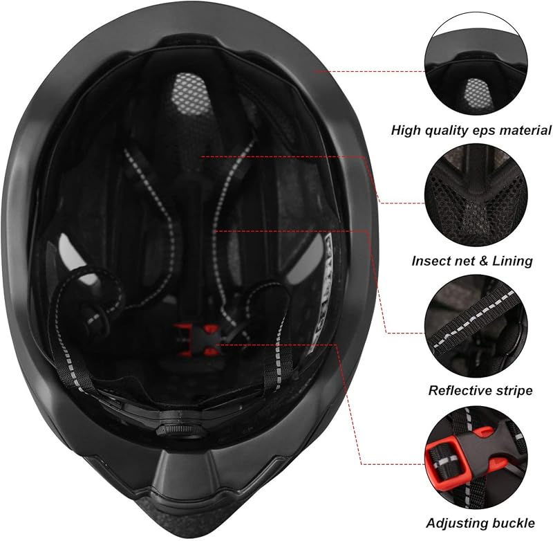KINGLEAD Kerékpáros Bukósisak Levehető Mágneses Napellenzővel, USB Hátsó Világítással, Állítható Méret 57-62cm, Unisex MTB Sisak - Black