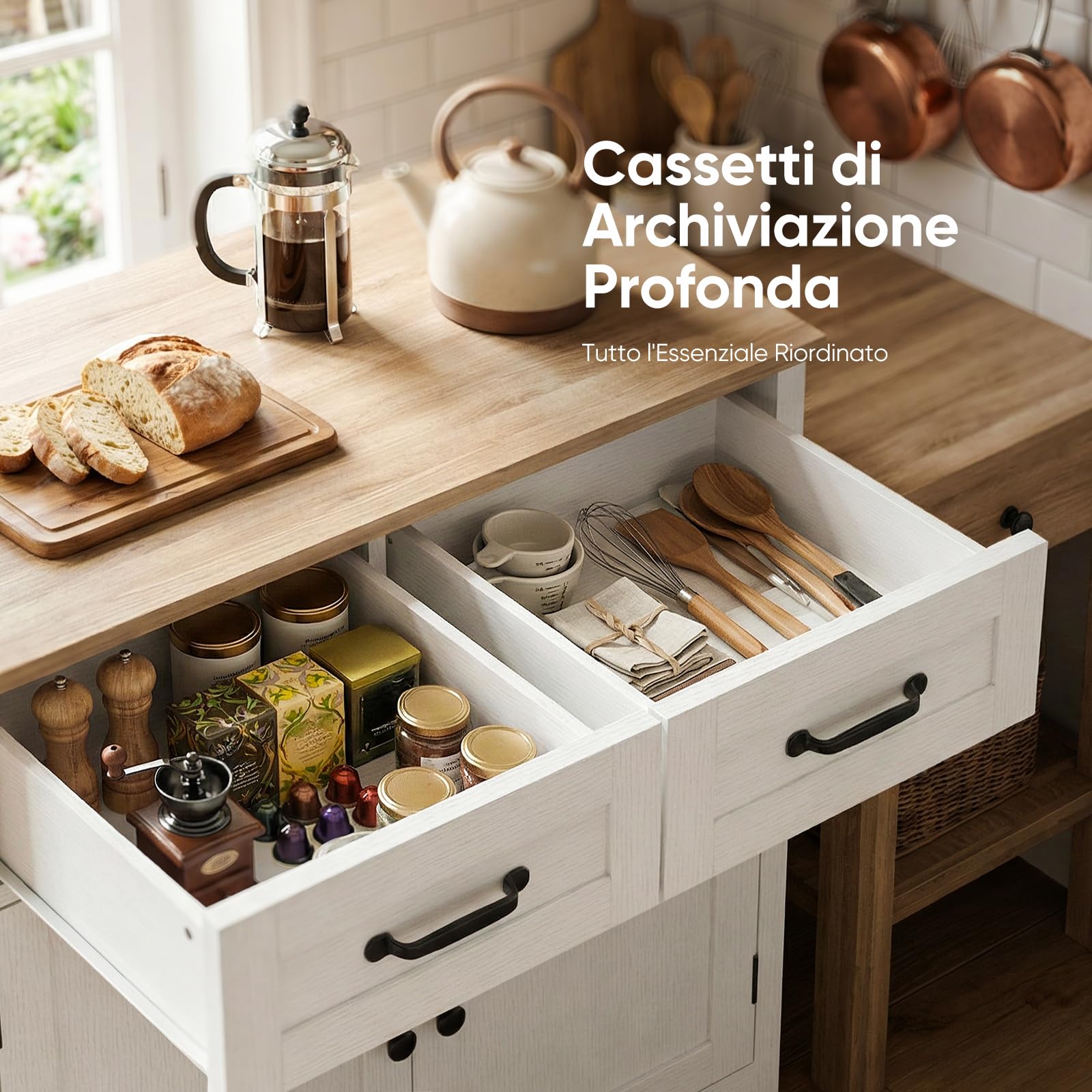 HOKEEPER Isola Credenza Bianca con Cassetti, Mobile Cucina Indipendente per Soggiorno, Sala da Pranzo e Corridoio